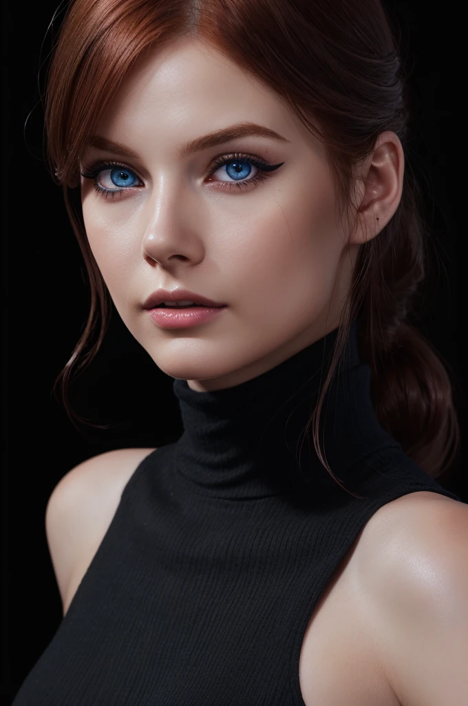 woman with medium hair ,Auburn-red-hair, pale,soft body,eyeliner,portrait,blue eyes,eyeliner,wonderful highly detailed masterpiece, elegant, digital painting, smooth, dramatic lighting, ultra realistic, 8k, art , blur backgrond, black background ,black background, black turtleneck,look at camera