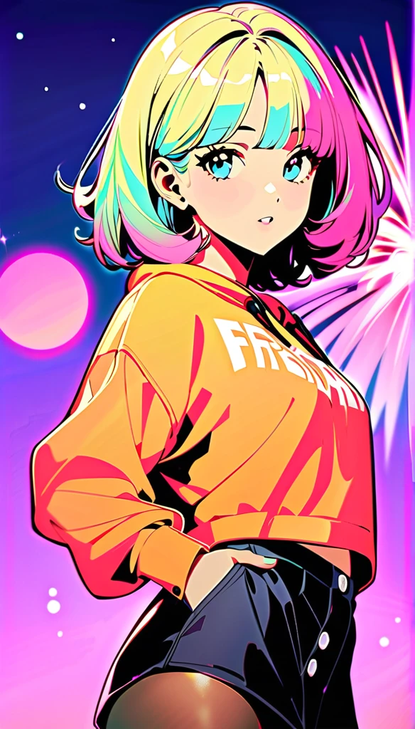 (masterpiece, best quality:1.2), illustration, realistic, absurd, (((bloom, glow, neon))), high contrast, depth of field, dynamic lighting, night, darkness, 1girl, solo, cute, slender, small breasts, delicate facial features, Hip-Hop, pink short hair,  yellow hoodie, pink skirt, yellow eyes, splash paint, graffiti on the wall