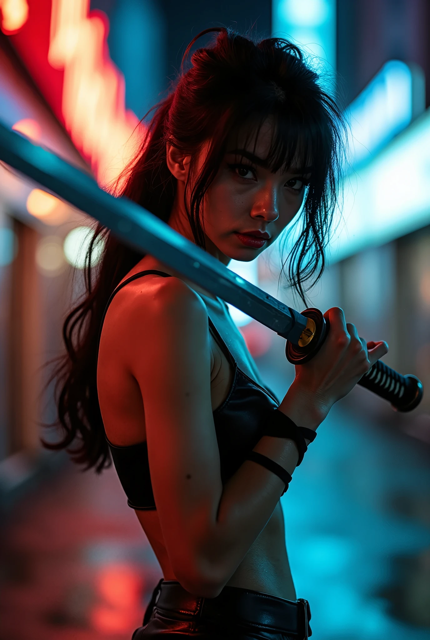 Cinematic photography, motion blur, a beautiful woman swinging a sharp katana, katana focus, she has messy black hair, she wear a sexy leather clothes, she jumping down from rooftop, set in night modern city, bokeh, vibrant lighting