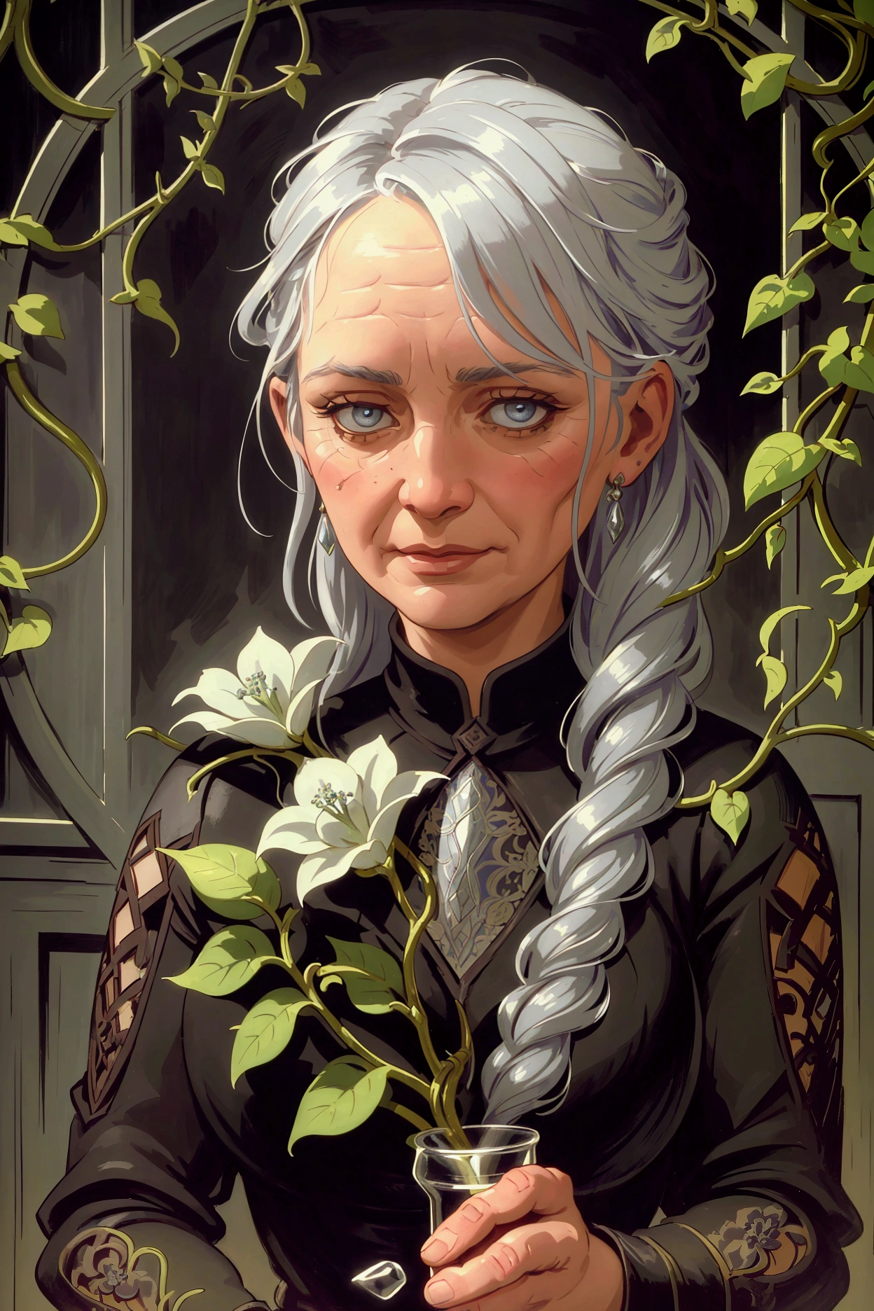 middle aged woman apothecary, silver hair, closeup portrait, glasshouse background with vines, beautiful detailed eyes, extremely detailed wrinkled face, medieval style apothecary, ornate glass bottles, intricate flower arrangements, warm lighting, cinematic composition, oil painting style, muted color palette, chiaroscuro lighting