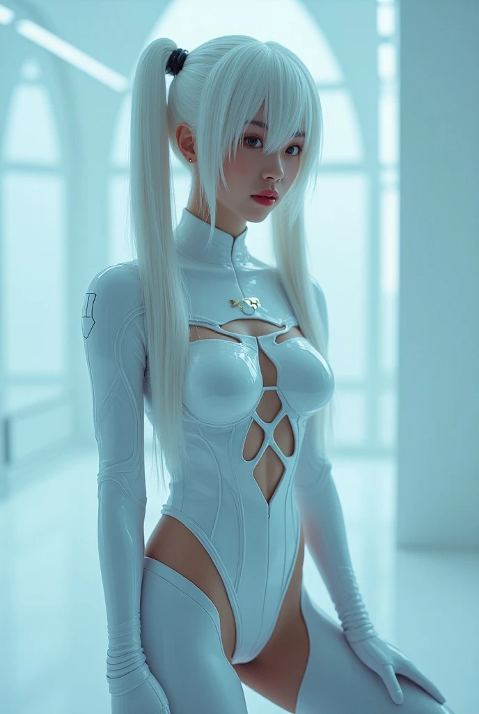 Close up of woman with long white hair in black and silver costume,Cyborg - girl with silver hair,Beautiful white girl cyborg,Perfect robot girl,cute cyborg girl,3D Rendering Character Art 8K,Beautiful cyborg girl beautiful robot girl cyberpunk anime girl beautiful robot!Perfect anime cyborg girl cyborg girl with beautiful eyes,Camel toe petals,Hollow-out on,sweat leggs,White liquid, Smooth pink skin, shiny metallic glossy skin, Shiny,spread their legs,M-shaped legs,Irritated,white liquid all over body,Full body like