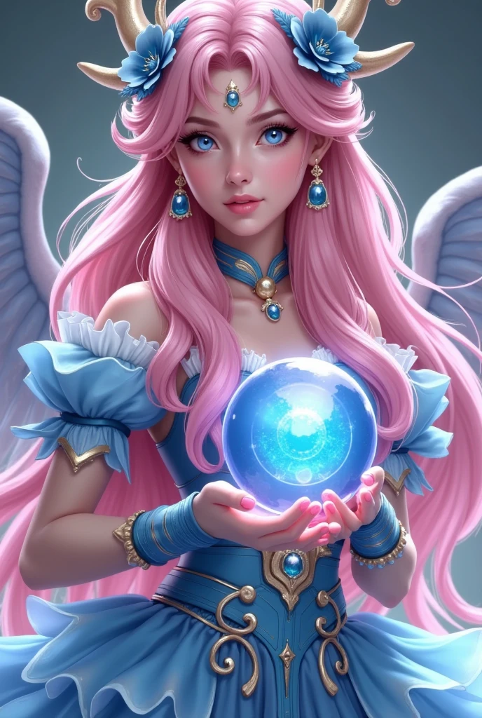 A beautiful woman ， with long flowing pink hair ,  blue eyes,  and a beautiful face , wearing an elaborate fantasy mage costume with a poofy blue dress, Puff sleeves,  and a layered tulle skirt , holding a magic glowing orb,  with delicate wing-like flowing decorations , In an elegant and dynamic posture , ( is the best quality,4K,8K, High resolution ,masterpiece:1.2), super detailed,( actual ,photo actual ,photo- actual :1.37), intricacies of meditation, detailed facial 特征, meticulous eyes , Detailed Lips , detailed facial ,Elegant,fantasy, game character skin design , conceptual art, movie lights , bright colors ,magic,mystery,ethereal