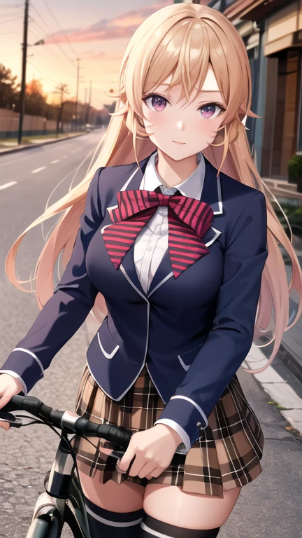 masterpiece, best quality, highres, Nakiri Erina, long hair, red bow, striped bow, blazer, blue jacket, long sleeves, plaid skirt, brown skirt, black thighhighs, outdoors, cowboy shot,riding a metallic pink bicycle on a cobblestone road at sunset, with lots of air, looking at viewer,