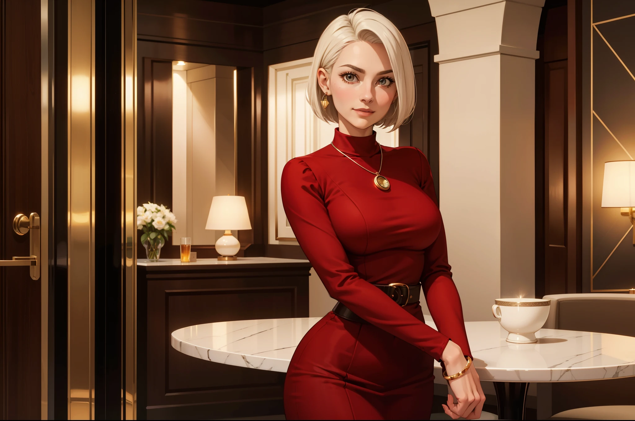 cute date night, mature woman, 2, platinum blonde hair, red long sleeve dress, (long sleeves), large breasts, velvet,  bangle, short hair, geometric, asymetric,  in a modern hotel lobby, solo, one woman, cute date night outfit, cute fit, [Victoria Beckham],[[KateBeckinsale]],[[[Jenna Coleman]]], thick belt, smiling, happy, necklace