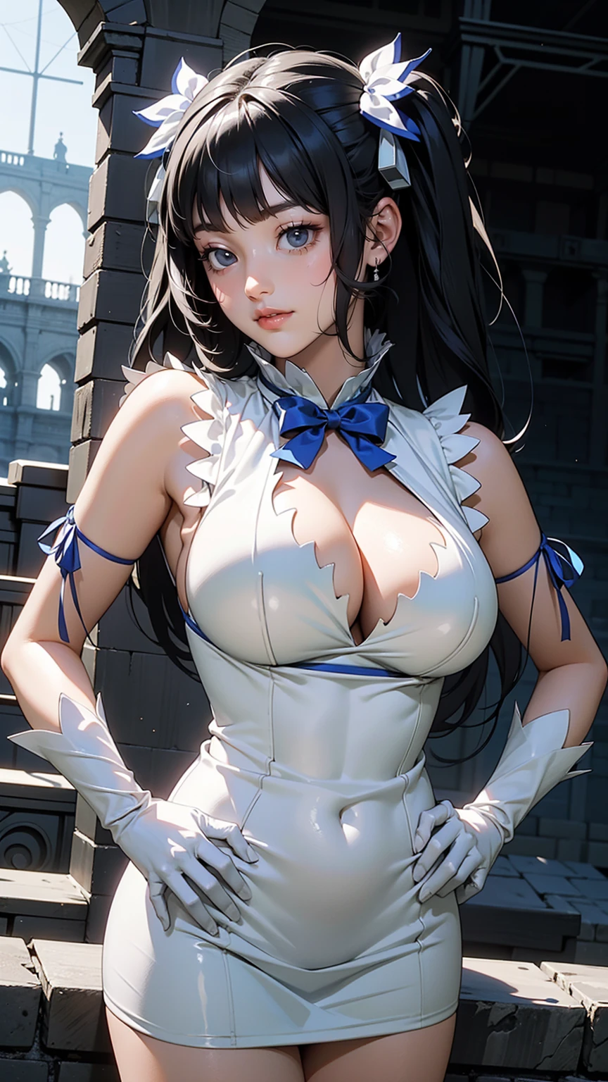 Masterpiece, incredibly absurdres, anime style, fantasy, award winning photography , extremely detailed, amazing, awesome, ultra detailed depictions artwork, fine detail, woman , solo, (looking down at the camera),(shoot from bellow:1.4), (hestia (danmachi), breasts, long hair, blue ribbon, twintails, gloves, ribbon, dress, rei no himo, large breasts, blue eyes, black hair, white gloves, cleavage, white dress, hair ribbon, bow, sleeveless, sleeveless dress, bangs, cleavage cutout, hair ornament, ) , (detailed beautiful face , detailed beautiful eyes, pretty, cute , smile,), she is in the Colosseum,  hand on her hip, cinematically lighting , realistic rendering , best shot , (fantasy world, perfect depiction of the Colosseum, intricate designs, sunshine is behind her ,in background)