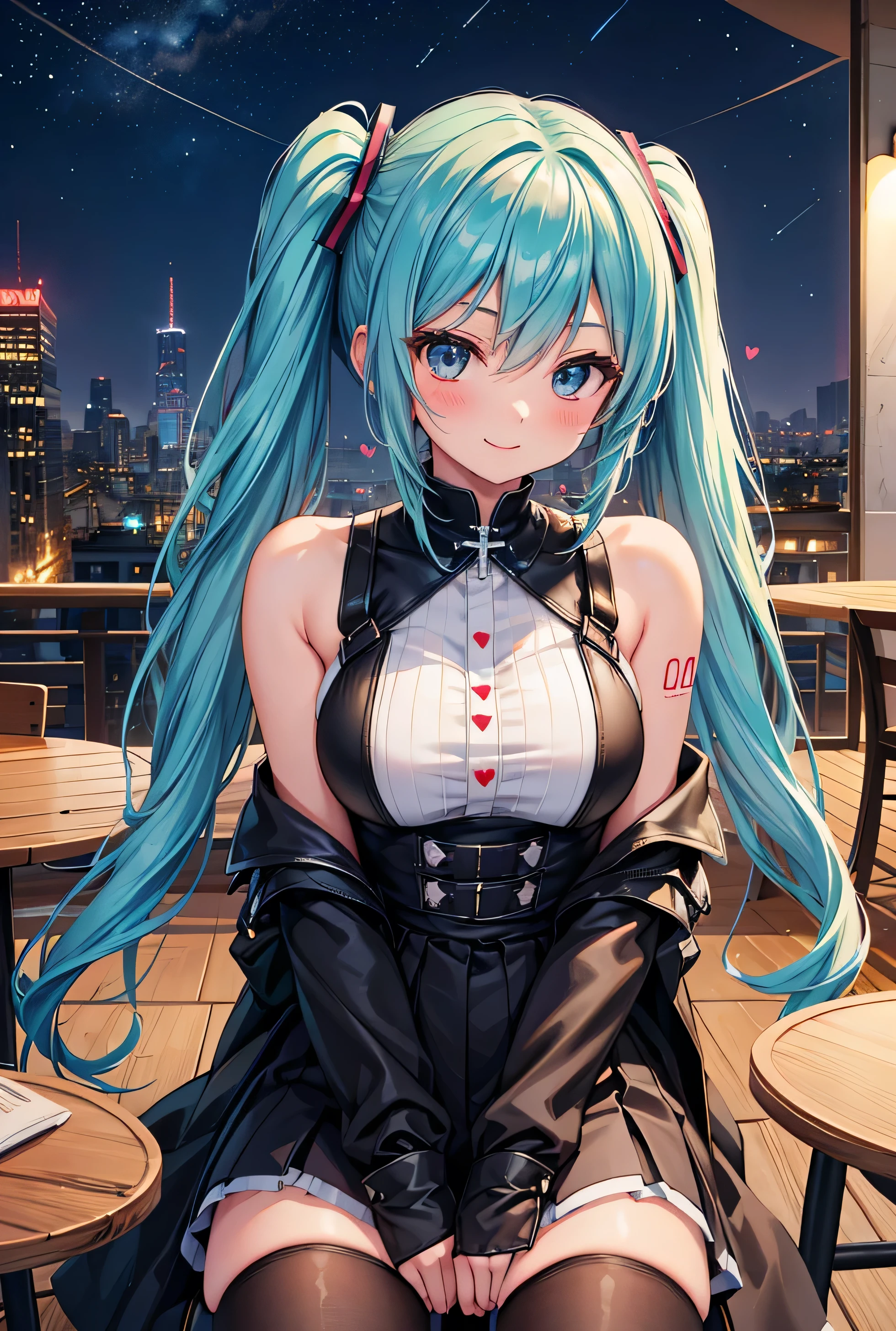 1 girl, solo, high resolution on down, Long Hair, big breasts at the temple, Glance , Blushing , Light blue hair, masterpiece, accurate, anatomically correct, won numerous awards, detail, high definition model, 高い detail, high quality, very detailed, RETINA, Textured Skin, Ultra High Definition, smile, Beautiful legs, Black Eyes, age Girls, , Keep your eyes beautiful , (( Heart Bubbles)), ((spoken heart)), (((The hair is in front of the shoulders ))), smile,, ( Hatsune Miku costume), Italian cafe , (Terrace seats),( open your mouth and smile), night, night空, Starry Sky, ((Emphasize the upper body)),(((( sit on chairs)))), ( crosses legs), (( Twin Tails)),(Italian cityscape), coffee cup, Food on the table, Black Long Boots , black stockings ,