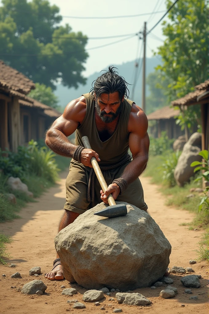 आदमी बेलगाडी के पहिये के निचे से पत्थर हटा रहा है