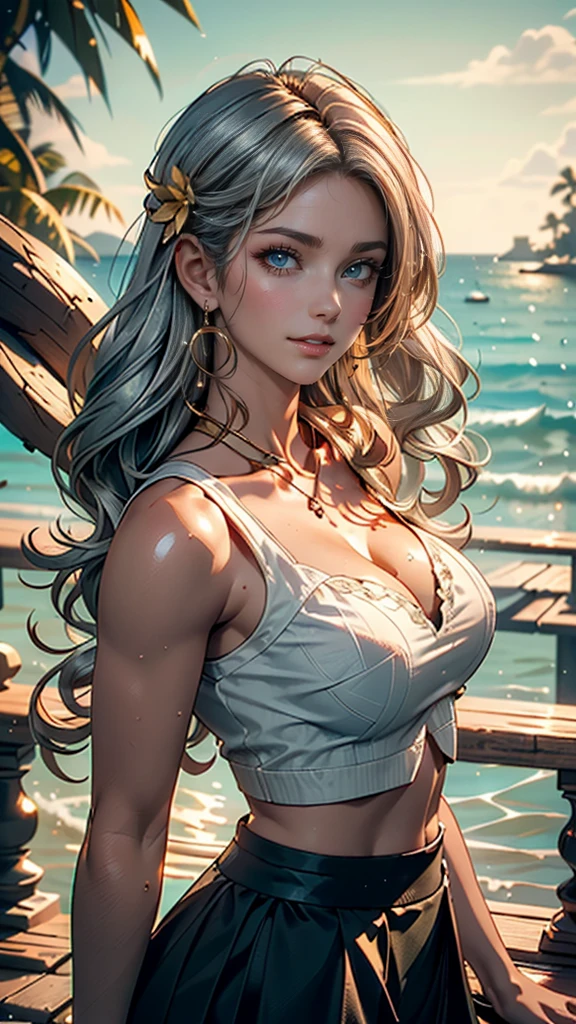 Ultra-realistic, 4K,   Professional Photography , 25 years old girl ,  Oriental woman , (( Dark Green Natural Curls Dyed for Silvery White Shiny Hair)), (( High Top Union 1 ,3)) in high resolution ,   Detailed face ,  medium wine body ,  Yellow Floral Skirt , (  Open blue checkered flat top ), masterpiece, (illumination), ( a girl), Ocean background, Realistic background,    8k Real photo ,wide angle lens,masterpiece,  Anatomically Correct ,  high detail ,  Very detailed ,  Textured Skin ,panoramic,Big breasts, earrings,  Light Blush,  Attractive Smile ,  Dark green gradient golden yellow eyes , Mole under the eye, long eyelashes, sparkling eyes,  Partial underwater shooting ,  Action Demo ,  with flower on head , 