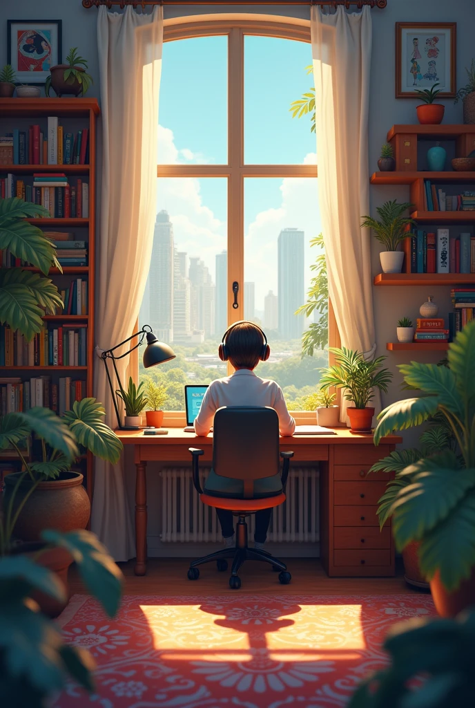 Character sitting at a desk with headphones on a crazy room with warm lighting. The room the room should have elements such as books decoration and a window showing either a cityscape or Nature the almostorpere should be calm inviting suitable for studying or relaxing include soft shadow to enchance the warm of the scene