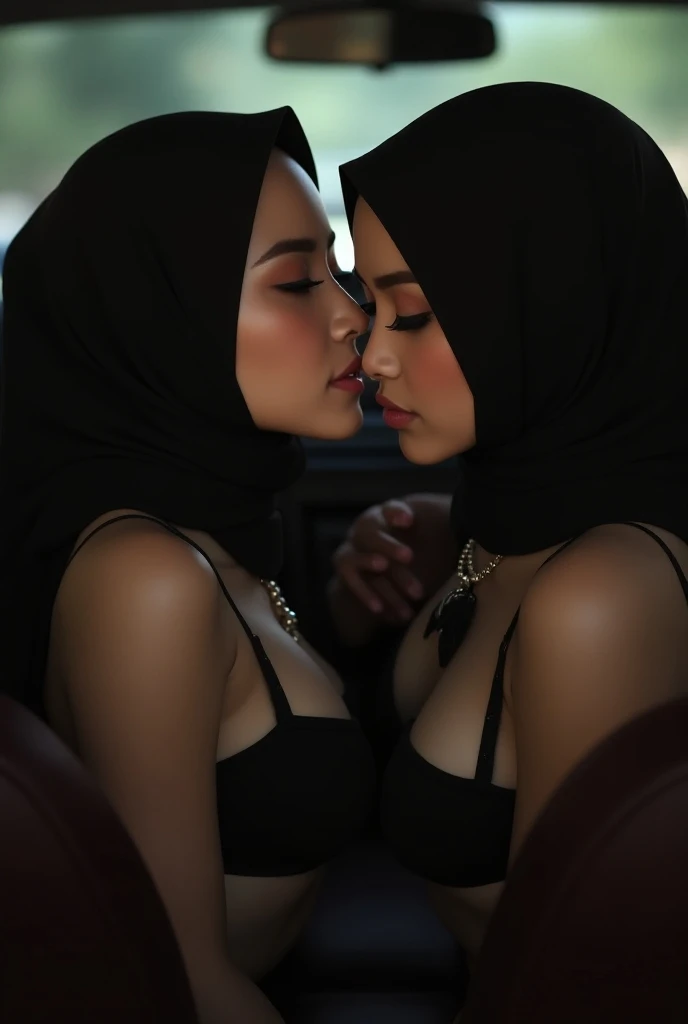 extreme close up of two beautiful teacher hijab indonesian lesbian girl laying down,bra and panties,hugging,french kiss,lesbian sex,,in a car,look to the viewer