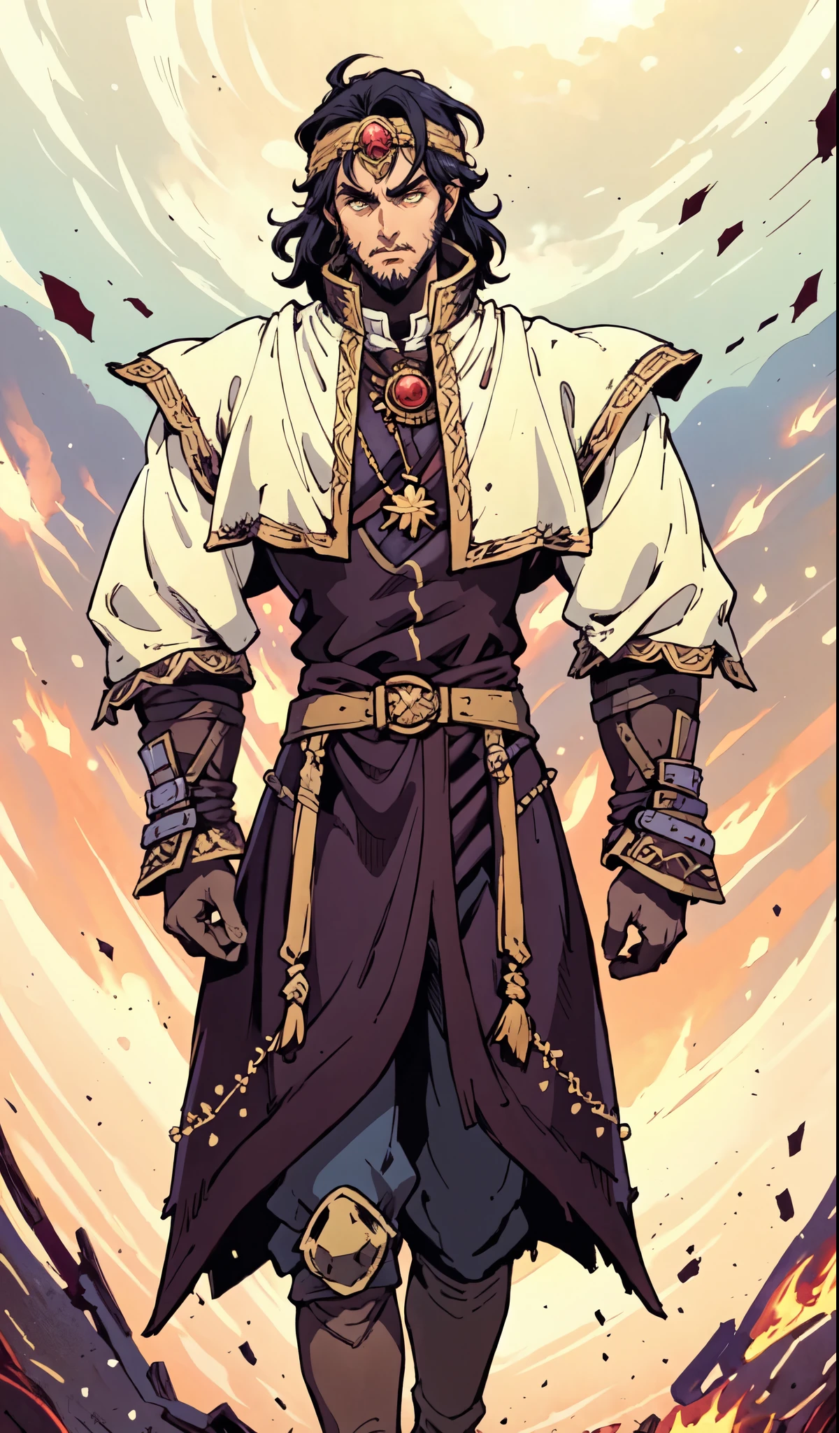(masterpiece:1.2, best quality:1.2, extremely delicate:1.2), ((male:1.5)), a middle-aged man with medium-length black hair, a yellow headband, thick eyebrows, focused gaze, dignified face, large beard, tall and slender physique, a fantasy-style mage robe, the color scheme is primarily Yellow with White and Black accents, large wide hem, large shoulder armor resembling a cloak, a fire dragon belt, fabric trousers, the background features a thundercloud sky lit up by a red glow from the flames, this character embodies a finely crafted fantasy-style mage in anime style, exquisite and mature manga art style, dramatic, high definition, highres, ultra-detailed, ultra-fine painting, professional, perfect body proportions, golden ratio, anatomically correct, symmetrical face, extremely detailed eyes and face, high quality eyes, creativity, RAW photo, UHD, 32k, Natural light, cinematic lighting, (masterpiece-anatomy-perfect:1.2)