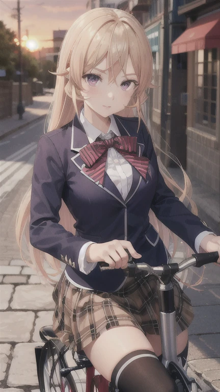 masterpiece, best quality, highres, Nakiri Erina, long hair, red bow, striped bow, blazer, blue jacket, long sleeves, plaid skirt, brown skirt, black thighhighs, outdoors, cowboy shot,riding a metallic pink bicycle on a cobblestone road at sunset, with lots of air, looking at viewer,