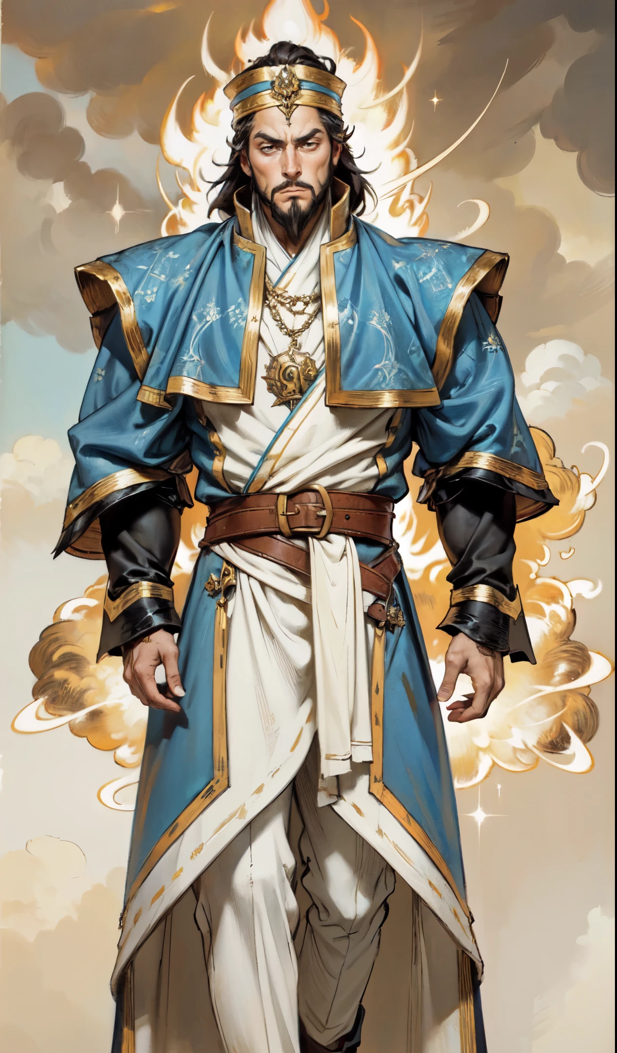 (masterpiece:1.2, best quality:1.2, extremely delicate:1.2), ((male:1.5)), a middle-aged man with medium-length black hair, a yellow headband, thick eyebrows, focused gaze, dignified face, large beard, tall and slender physique, a fantasy-style mage robe, the color scheme is primarily Yellow with White and ‎Black accents, large wide hem, large shoulder armor resembling a cloak, a fire dragon belt, fabric trousers, the background features a thundercloud sky lit up by a red glow from the flames, this character embodies a finely crafted fantasy-style mage in anime style, exquisite and mature manga art style, dramatic, high definition, highres, ultra-detailed, ultra-fine painting, professional, perfect body proportions, golden ratio, anatomically correct, symmetrical face, extremely detailed eyes and face, high quality eyes, creativity, RAW photo, UHD, 32k, Natural light, cinematic lighting, (masterpiece-anatomy-perfect:1.2)