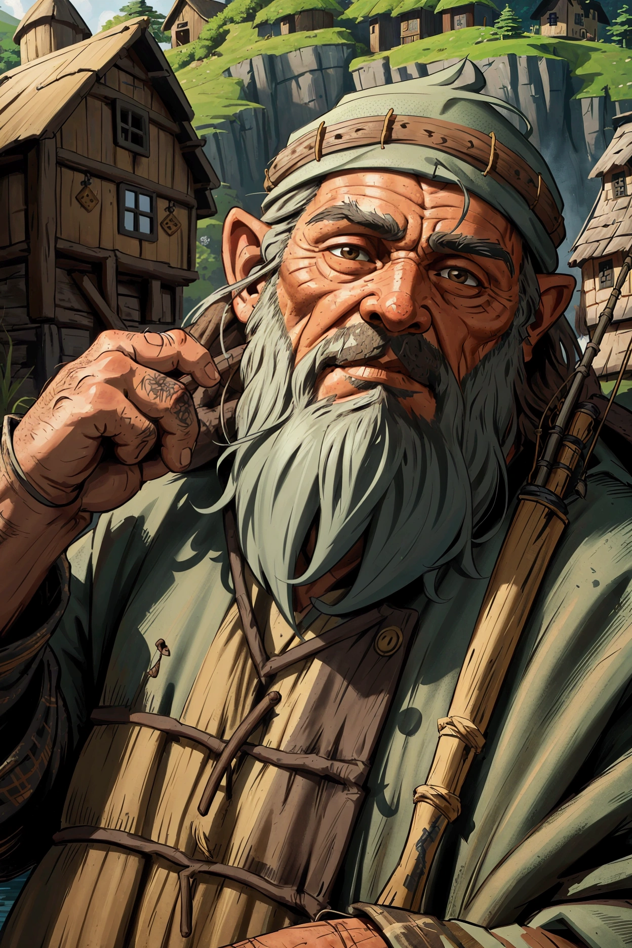 a gnome fisherman, close-up portrait, village background, rugged and rough features, intricate detailed face, long beard, weathered skin, intense gaze, worn clothes, fishing rod, cozy cottage, lush greenery, natural light, muted colors, photorealistic, highly detailed