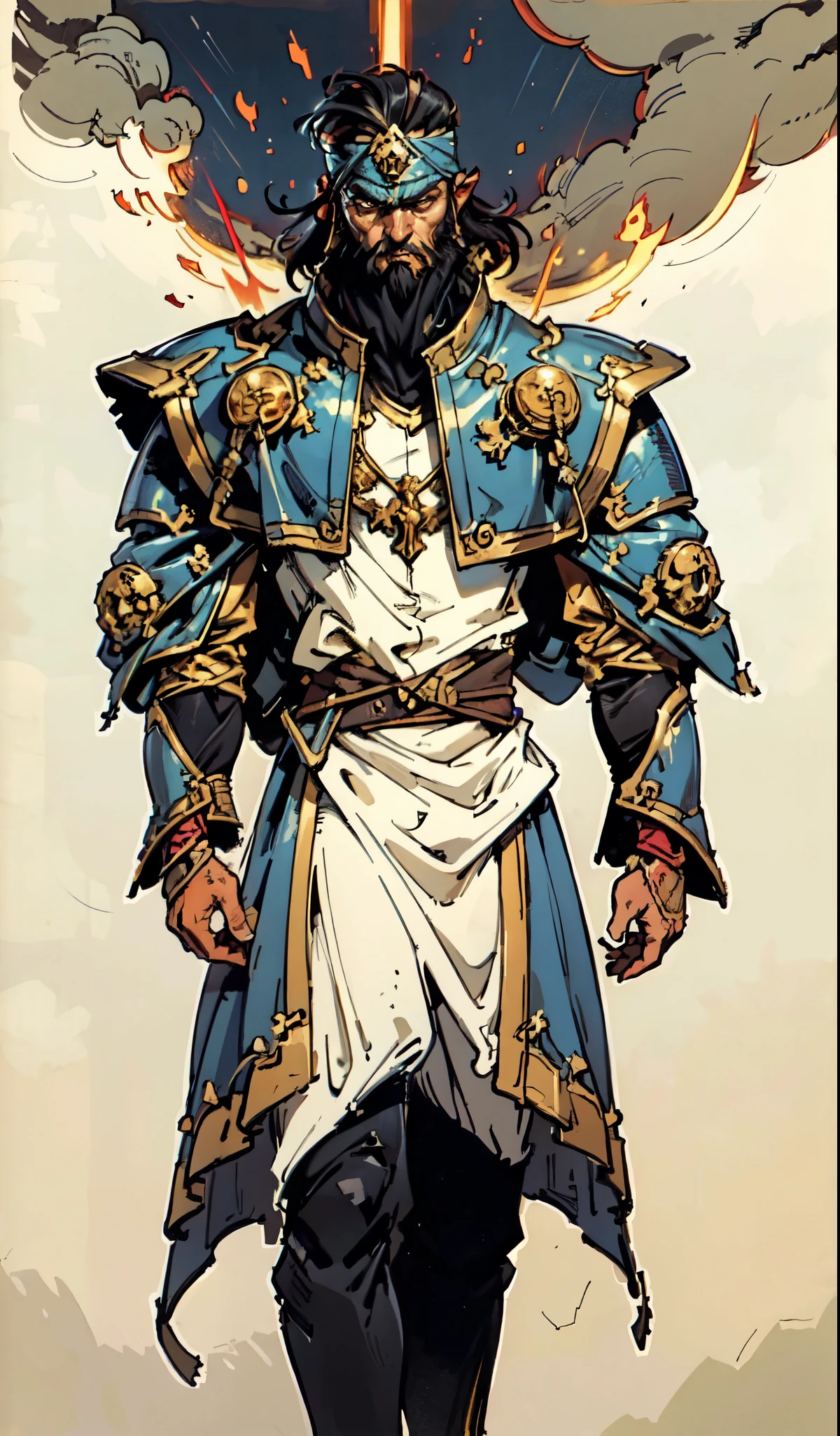 (masterpiece:1.2, best quality:1.2, extremely delicate:1.2), ((male:1.5)), a middle-aged man with medium-length black hair, a yellow headband, thick eyebrows, focused gaze, dignified face, large beard, tall and slender physique, a fantasy-style mage robe, the color scheme is primarily Yellow with White and ‎Black accents, large wide hem, large shoulder armor resembling a cloak, a fire dragon belt, fabric trousers, the background features a thundercloud sky lit up by a red glow from the flames, this character embodies a finely crafted fantasy-style mage in anime style, exquisite and mature manga art style, dramatic, high definition, highres, ultra-detailed, ultra-fine painting, professional, perfect body proportions, golden ratio, anatomically correct, symmetrical face, extremely detailed eyes and face, high quality eyes, creativity, RAW photo, UHD, 32k, Natural light, cinematic lighting, (masterpiece-anatomy-perfect:1.2)