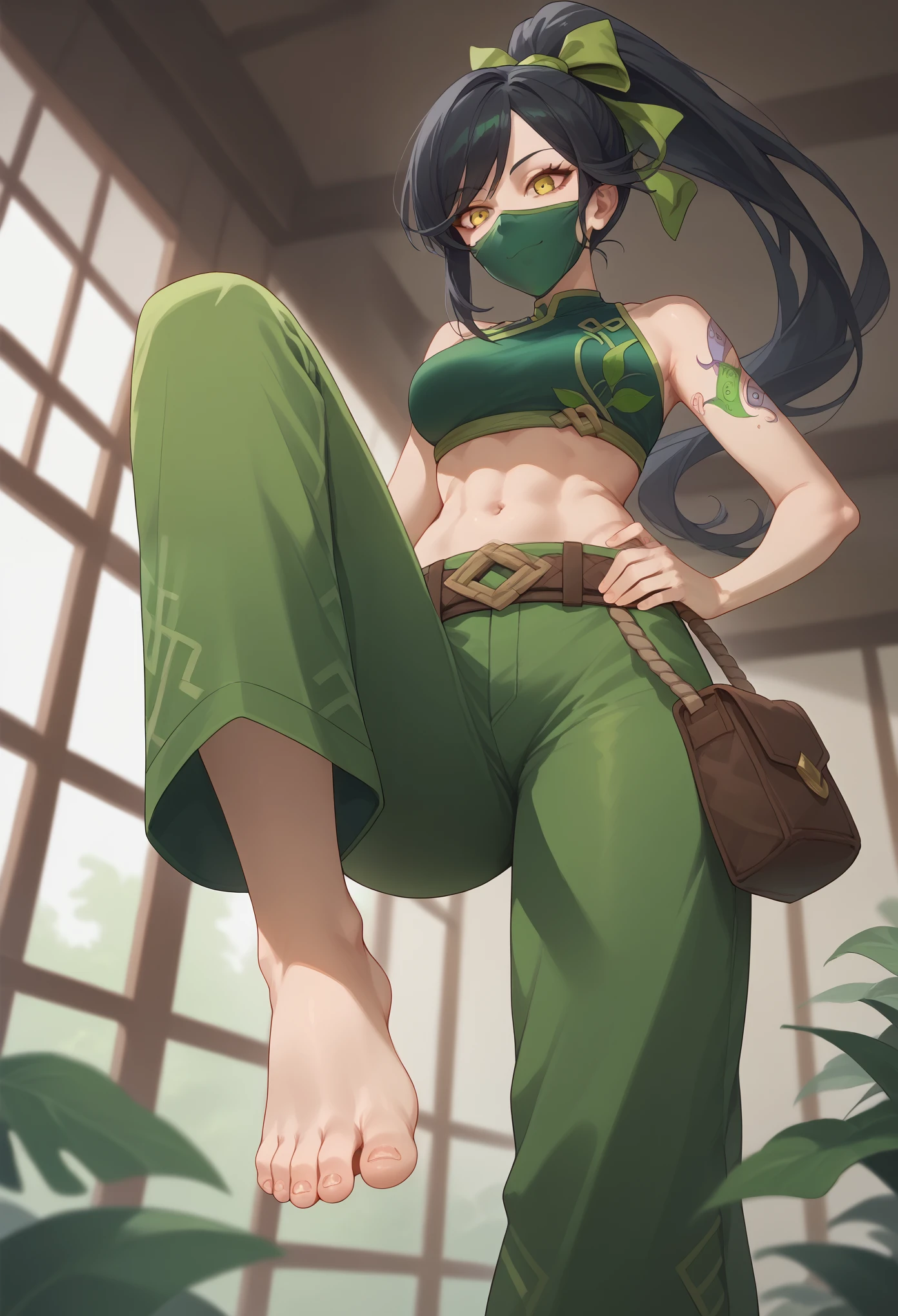 masterpiece, best quality, AkaliLoLXL, green mouth mask, yellow eyes, black hair, swept bangs, green ribbon, hair ribbon, long ponytail, arm tattoo, tattoo, medium breasts, bare shoulders, green crop top, leaf on hand, navel, rope belt, cylinder bag, hip vent, green pants , smile, barefoot, footstomp, soles, toes, foreshortening, view from below, indoors, feet closeup