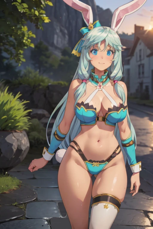 NSFW, (masterpiece:1.2, top-quality), (realistic, photorealistic:1.4), beautiful illustration, (natural side lighting, movie lighting), ((smooth texture:0.75, realistic texture:0.65, realistic:1.1, Anime CG style)), big breasts, dynamic angle, perfect body, depth of fields, looking at viewer, upper body,  front view, 1 girl,16k, best definition, a girl  in  a blue torn metallic bikini, BREAK,   shea haulia, rabbit girl, aqua hair, silver hair,  eyebrows visible through hair, very long hair, hair between eyes, blue eyes, aqua eyes, large breasts, rabbit ears, rabbit tail, shea haulia, season-two, rabbit girl, aqua hair, silver hair, light blue hair, blue hair, sidelocks, eyebrows visible through hair, very long hair, hair between eyes, blue eyes, aqua eyes, (((big breasts,))) rabbit ears, rabbit tail, blue bikini, bikini top, front-tie top, gold trim, hair bow, blue ribbon, hair ornament, halterneck, detached collar, (( beautiful eyelashes, realistic eyes, wide hips,  narrow waist, perfect body, smile, very long hair, BREAK,  ((detailed face, blush:0.5)), beautiful hair, beautiful face, beautiful detailed eyes, beautiful clavicle, beautiful body, beautiful chest, beautiful thigh, beautiful legs, beautiful fingers,  Beautiful Girl, beatiful eyes, Gorgeous young girl, young and cute girl, girl cute-fine-face, Beautiful young girl, Seductive Anime Girl, sexy look at the camera, perfect face, cute and symmetrical face, (perfect anatomy, anatomically correct, super detailed skin), fair, shiny skin, long eye lasher, BREAK,  wet body, wet breast, wet legs, BREAK,  riding a metallic pink bicycle on a cobblestone road at sunset, with lots of air, looking at viewer, (wet body, mojado en las piernas, wet ass, cuerpo mojado).