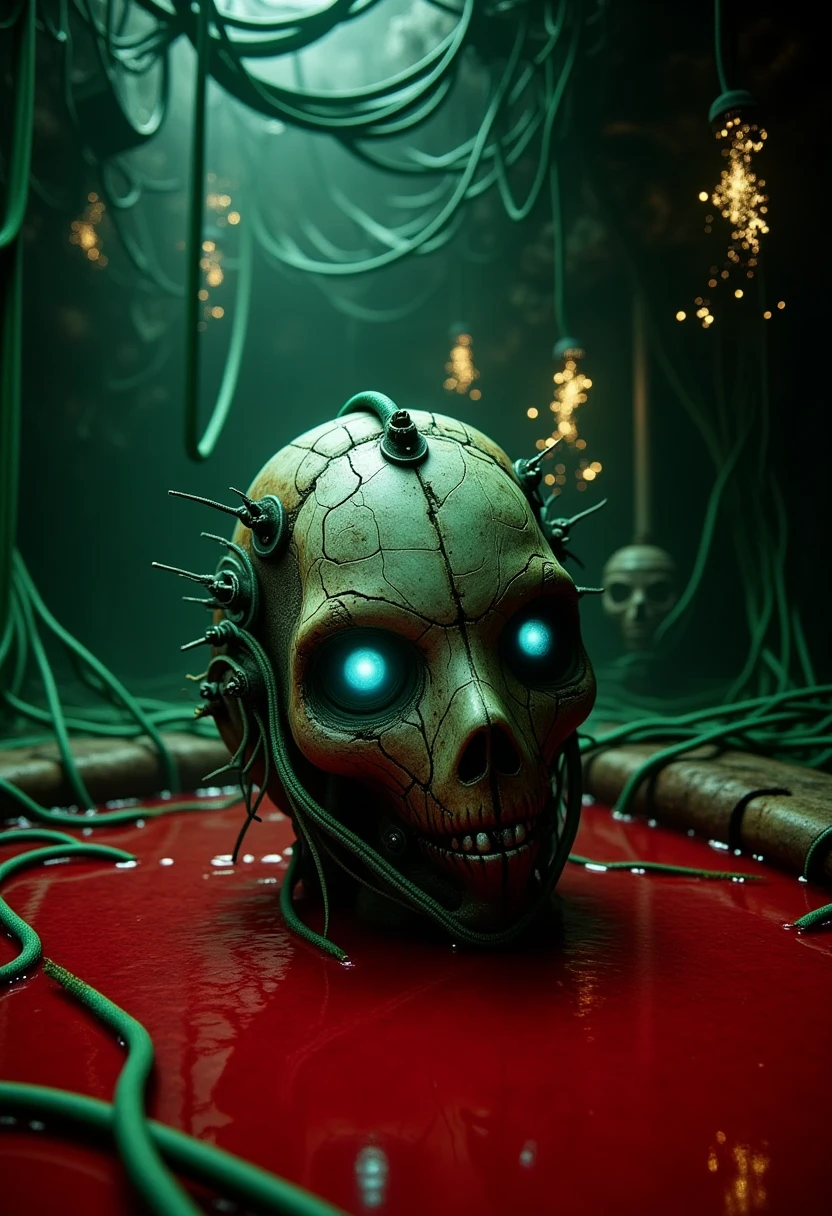 Hyper-realistic 4D image of a dark, gritty industrial setting. A battered, cybernetic head with a mix of metallic and organic textures is partially submerged in a pool of dense, blood-like red liquid. The head features a cracked faceplate and one glowing blue eye, hinting at a haunted, almost human-like presence. Numerous green cables and wires snake out from the back of the head, some sparking slightly, intensifying the ominous feel. The background reveals a maze of thick, tangled green cables hanging from above, casting eerie reflections on the liquid, with faint machinery and vents adding depth to the raw, mechanical atmosphere.