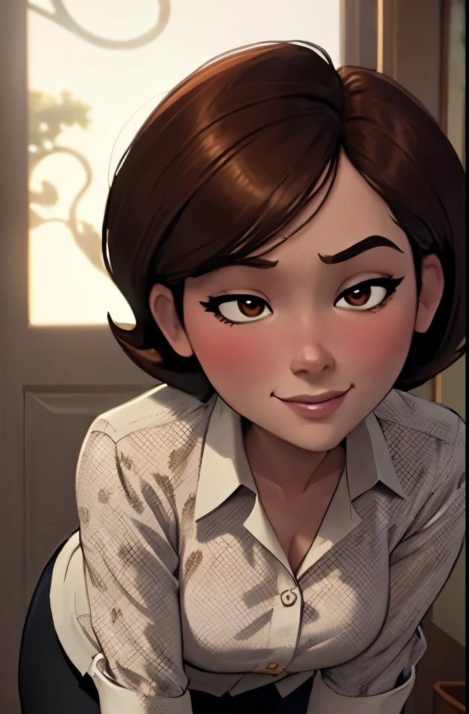 high quality, masterpiece, best quality, helenparr, 3d, 3d character, disney character, the incredibles, helen parr, looking at viewer, closed smile, brown hair, brown eyes, polka dot, collared shirt, dress shirt, buttons, polka dot, collared shirt, dress shirt, buttons, black pants, mature female, revealing clothes, forced smile, standing, blush, half-closed eyes, smile, empty eyes/no highlights (Leaning forward:1.5), Arms Down, ((Perfect Anatomy, beautifull detailed face, Beautiful detailed eyes, beautiful detailed hair, Beautiful detailed body)), thick outline, Beautiful outlines, black outlines, short hair, closed mouth, night, warm lighting, indoors