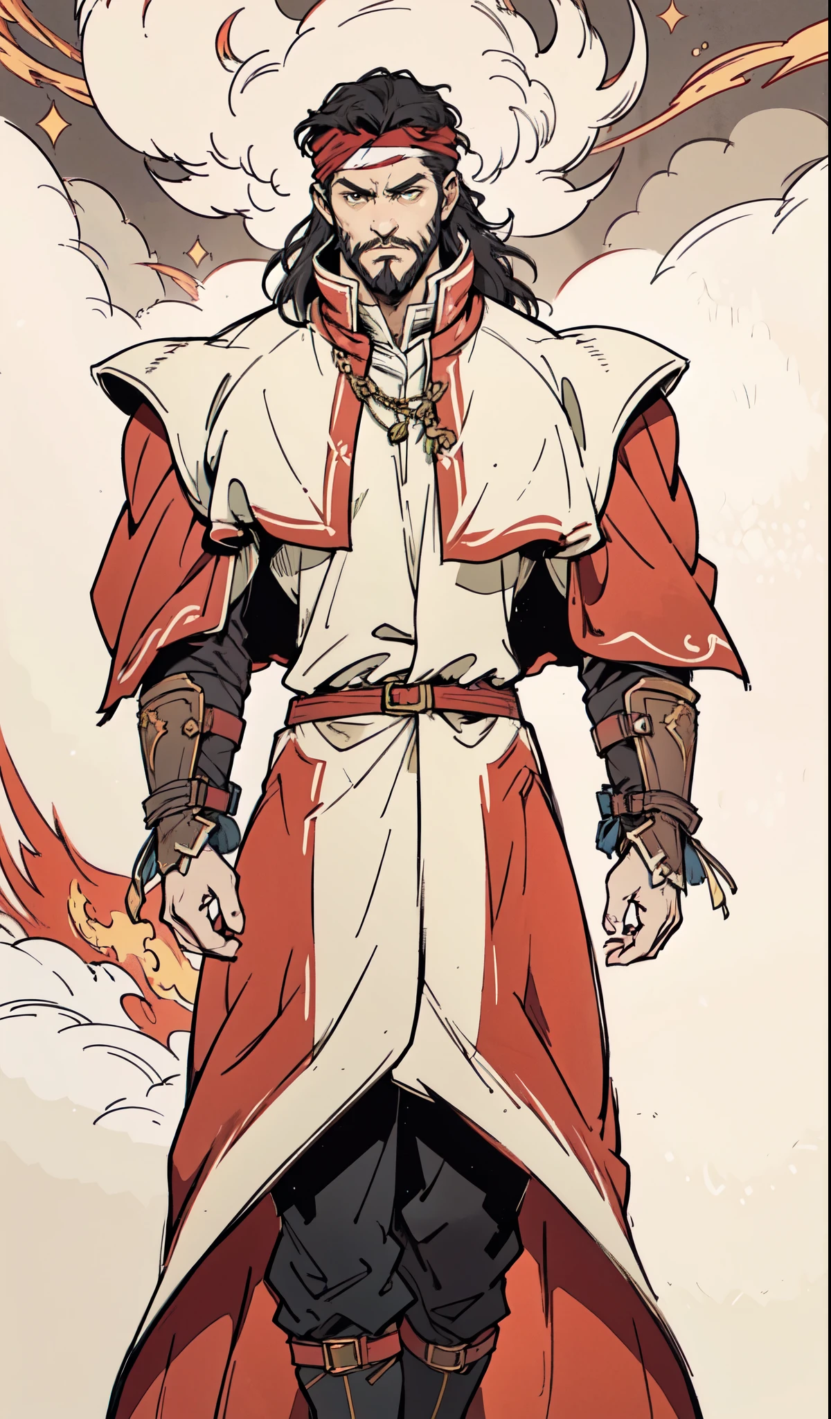 (masterpiece:1.2, best quality:1.2, extremely delicate:1.2), ((male:1.5)), a middle-aged man with medium-length black hair, a yellow headband, thick eyebrows, focused gaze, dignified face, large beard, tall and slender physique, a fantasy-style mage robe, the color scheme is primarily Yellow with White and Black accents, large wide hem, large shoulder armor resembling a cloak, a fire dragon belt, fabric trousers, the background features a thundercloud sky lit up by a red glow from the flames, this character embodies a finely crafted fantasy-style mage in anime style, exquisite and mature manga art style, dramatic, high definition, highres, ultra-detailed, ultra-fine painting, professional, perfect body proportions, golden ratio, anatomically correct, symmetrical face, extremely detailed eyes and face, high quality eyes, creativity, RAW photo, UHD, 32k, Natural light, cinematic lighting, (masterpiece-anatomy-perfect:1.2)