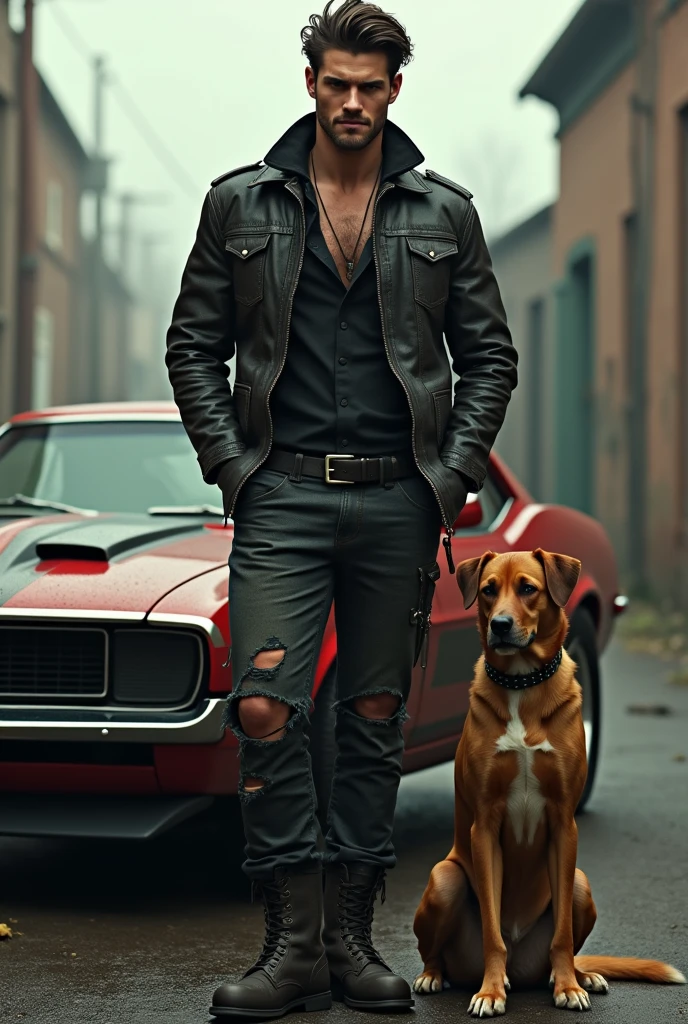 A red colour car parked near a yellow street light a man sitting on car bonet and smoking a dog watching him infront
