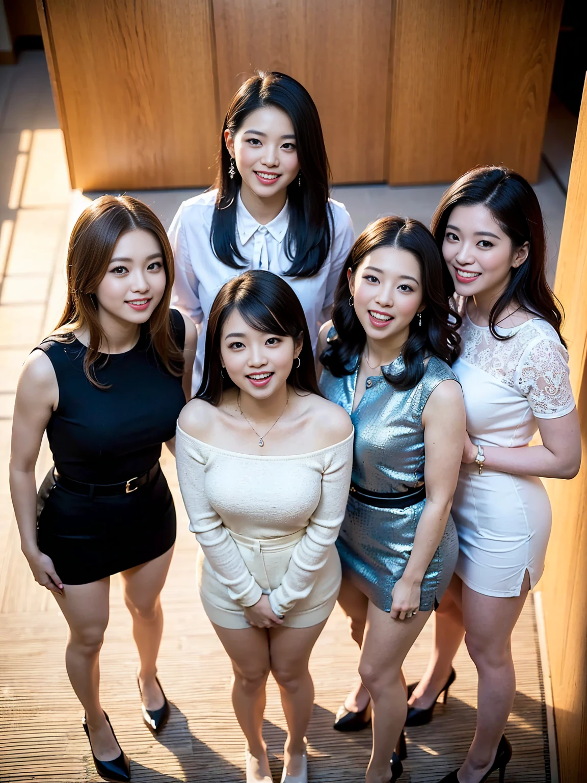extremely detailed 3 cute girls, 25years old, best quality, ultra-detailed, masterpiece, cinematic light, realistic, photo realistic, (skirt lift), ((skirt lift by myself)), . pussush, looking at viewer , half body shot , wearing off-shoulder oversized XXXXL shi , bra, (crowd), (office meeting room) , short hair. bokeh background