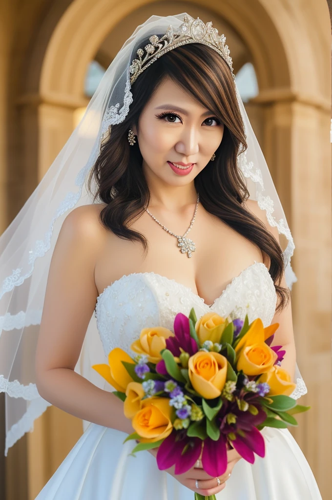 Girl with very large breasts wearing a wedding dress with a huge lace neckline and a wedding veil with a bouquet
