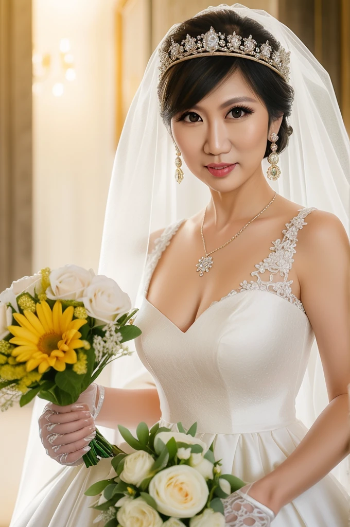 1Woman, 56 Years Old, Beautiful Indonesian Mature Woman, Wearing Tight Wedding gown, Porcelain like White Skin, Curvy Body, Full body, Droopiest Gigantic breast : 15.9, Longest Breast : 12.9, Candid Shot, at Wedding Ceremony.
