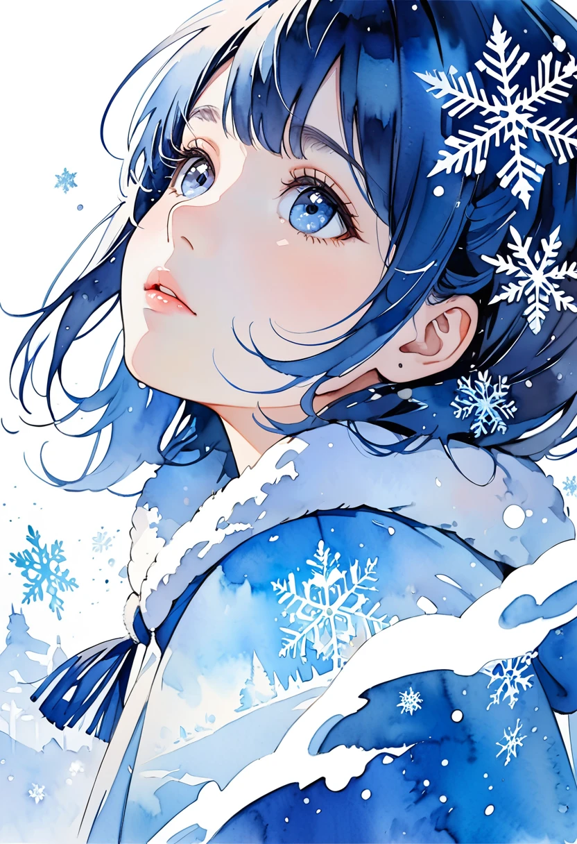 Masterpiece, highest quality, highest resolution, detailed depiction, beautiful, watercolor, silhouette of a Nordic cute girl filled with snow,snowflake, double exposure, crisp lines, Looking up at the sky, ((blue and white background)), 4K graphics.