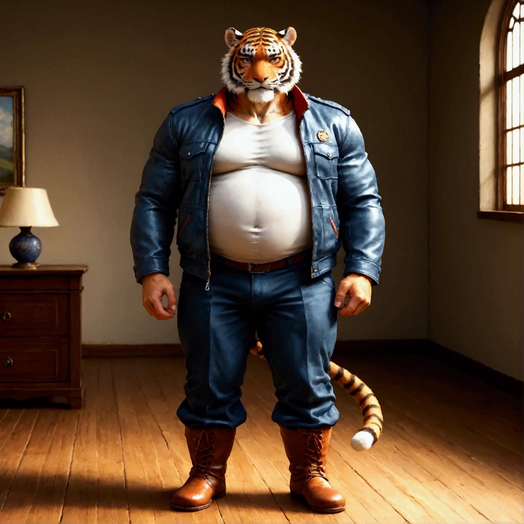 e621 illustration, osukemo, kemohomo, anthropomorphic, furry, cartoon, harmonious body, pastoral face, virtuous eyes, watercolor-like BREAK character focus, full body, looking away, dynamic angle, european fantasy, a musclegut middle-aged tiger man, (jacket), (shirt), pants, dynamic pose, BREAK complete anatomy, perfect proportions, beautiful thigh gap, fluffy body, intricate fur details, beautiful fur texture, BREAK a detailed tiger 1tail, detailed boots, detailed foot, detailed hands, 5fingers, 5fingers nails, BREAK manly, intense face, insanity detailed face, male face, big face, square jawline, intense eyes, detailed brown eyes, detailed brown cornea, detailed dark brown irises, detailed pupils, male eyes, big eyes, male eyebrows, innocent look, beautiful beard, BREAK full body in Michelangelo Buonarroti style, digital illustration anime, housamo style, detailed painting landscape, bedroom, indoor, full color, HDR, BREAK masterpiece, official art, best quality, very aesthetic, absurdres, super fine illustration, great quality, BREAK noise reduction, very highres, large filesize, high quality, 32K, 8k wallpaper, dynamic lighting, BREAK insanity detailed, ultra detailed, intricate details, extremely detailed, detailed texture, an extremely delicate and beautiful, 