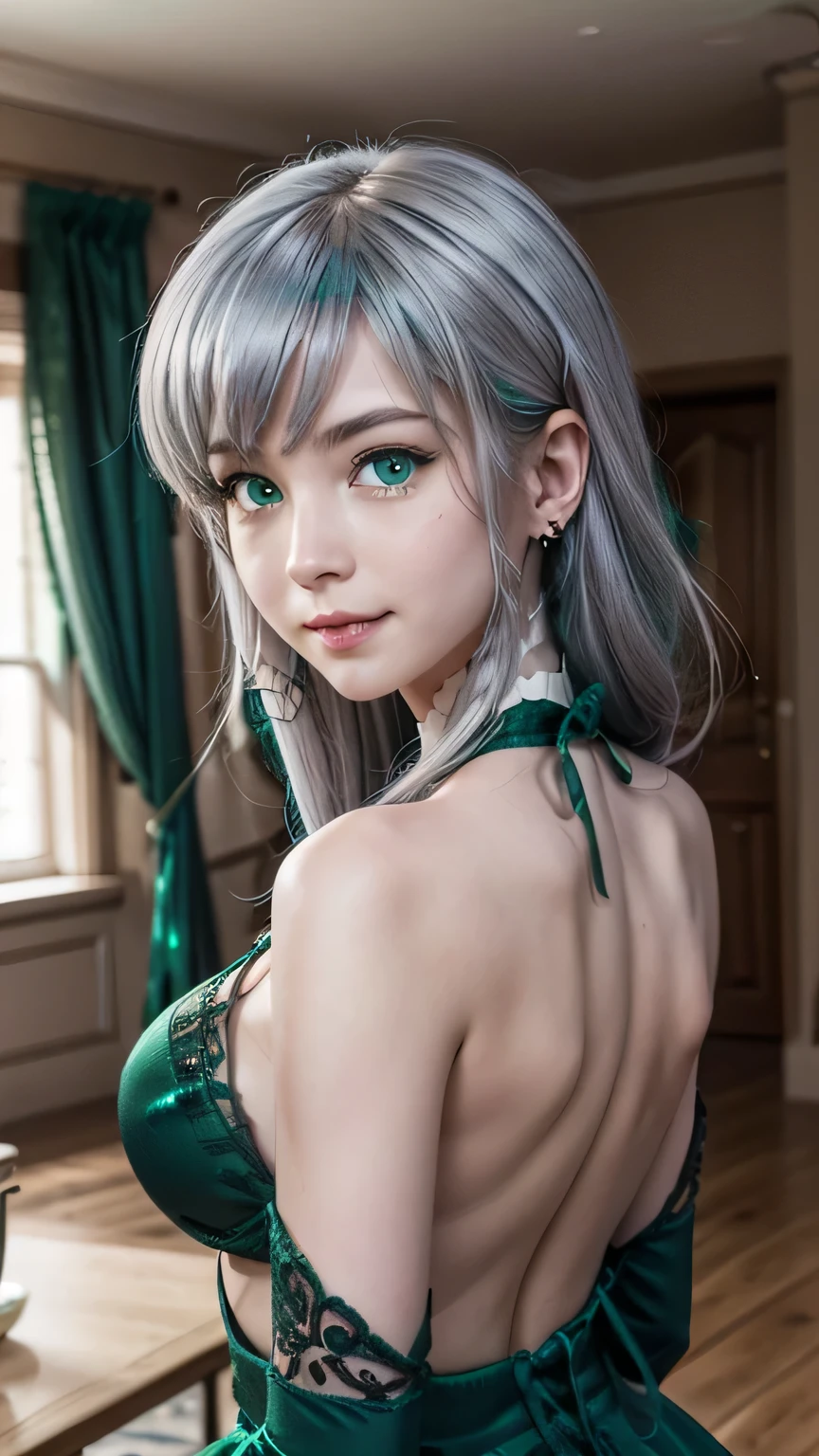 1 girl,  looking at the spectator, 2d,8K, High definition , anime,  anime color ,( silver hair)( emerald green eyes:1.5), large breasts 90 cm ,elze silhoueska,smile,neckline,(Warm Floral Lace Teddy ,  Backless Body With Tied Trimmed Heart), Big Thighs,From the back showing the buttocks in a living room 