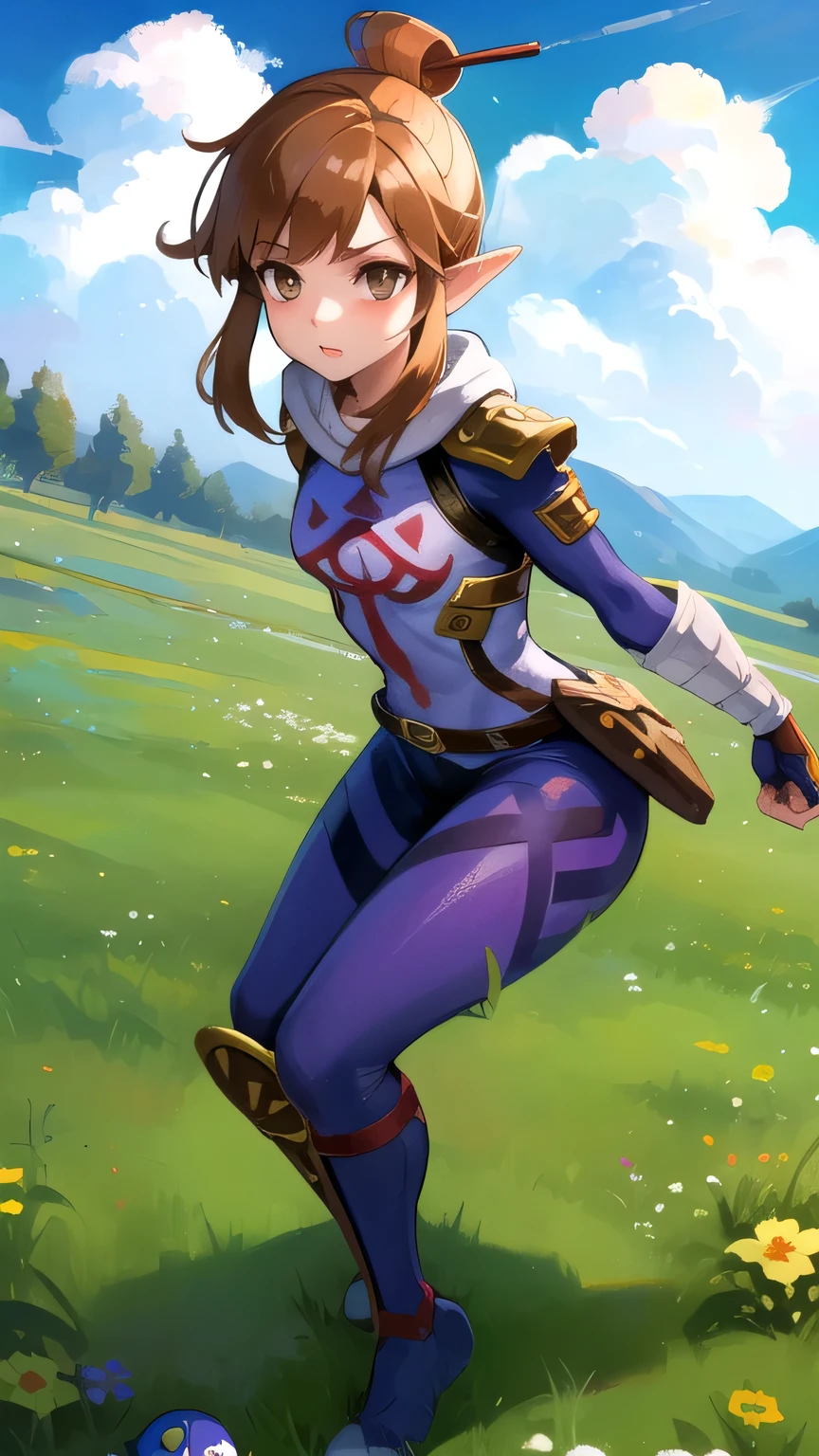 (masterpiece), (best quality), detailed face, 1 Girl, hyrule field, combat, goblins, stealthpokemontrainergloria, pointy ears, medium Brown hair, mask, armor, brown eyes, bodysuit, single hair bun, medium breast, full body.