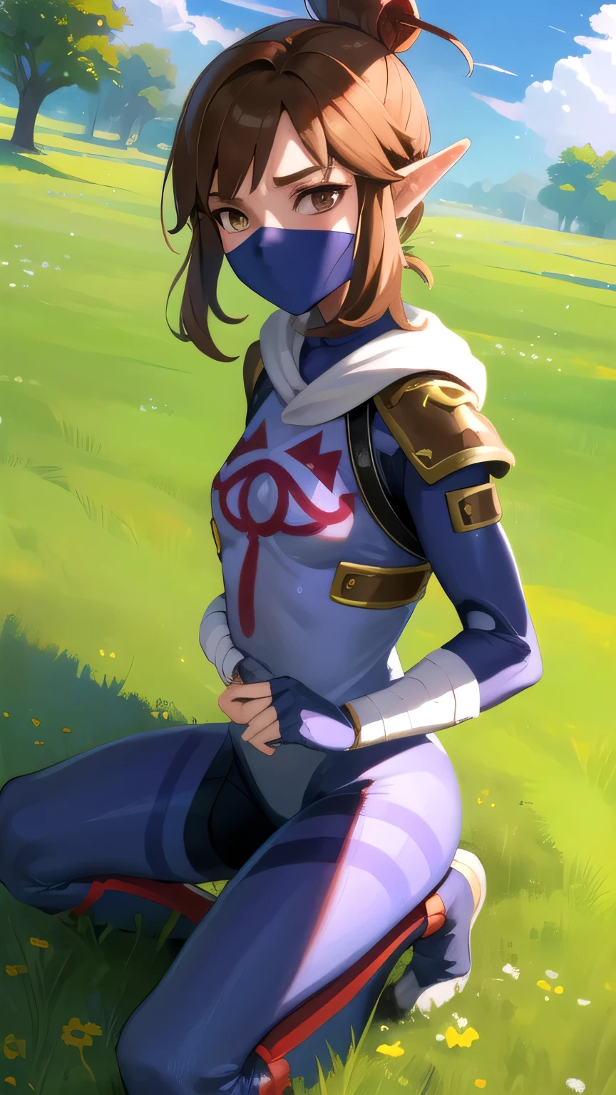 (masterpiece), (best quality), detailed face, 1 Girl, hyrule field, combat, goblins, stealthpokemontrainergloria, pointy ears, medium Brown hair, mask, armor, brown eyes, bodysuit, single hair bun, medium breast, full body.