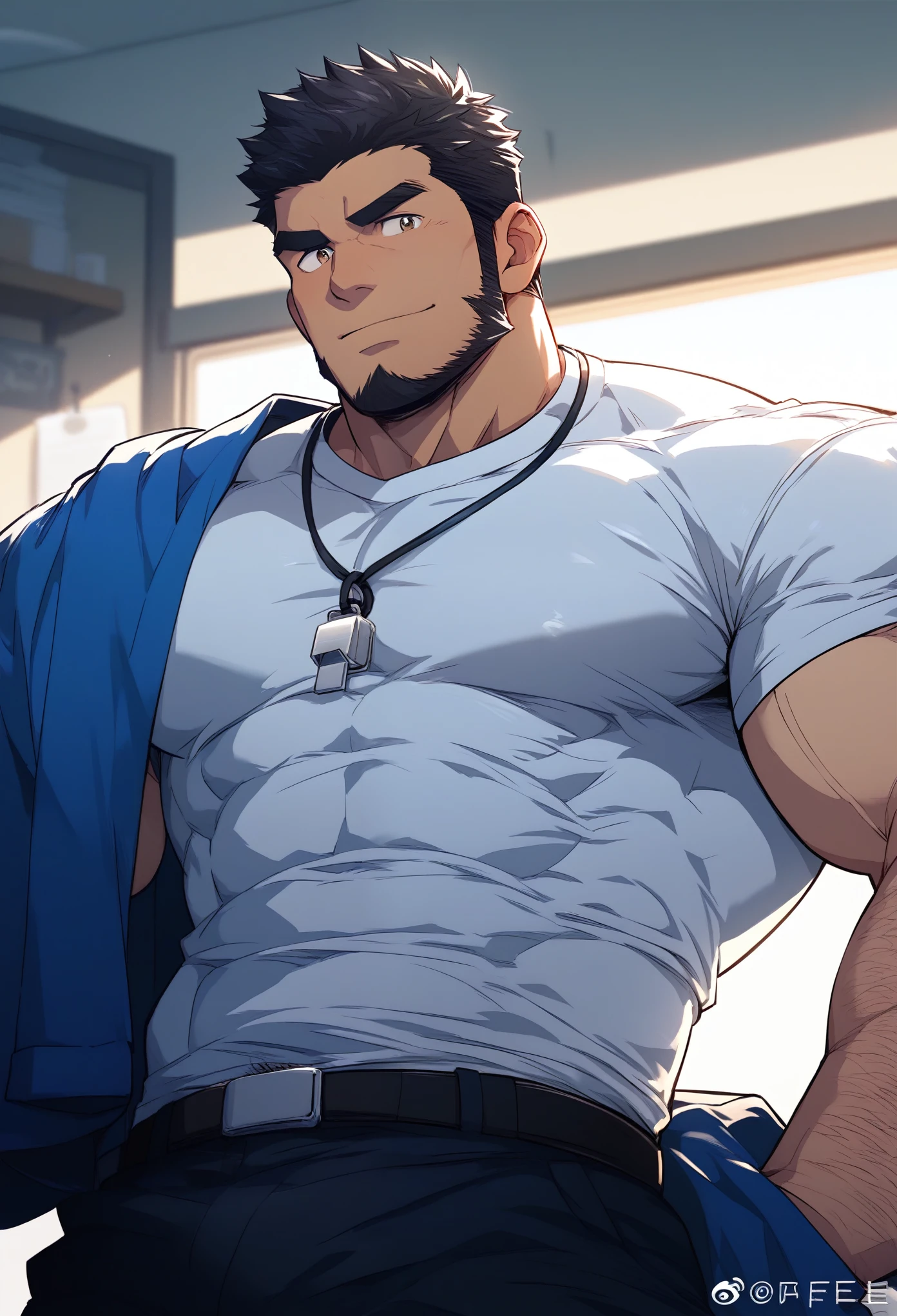 Masterpiece, Best quality, Japanese, Male, Muscular, Beefy, Short hair, Black hair, Thick eyebrows, Hairy, P.E. teacher, P.E. storage room, White polo shirt, Whistle, Changing clothes