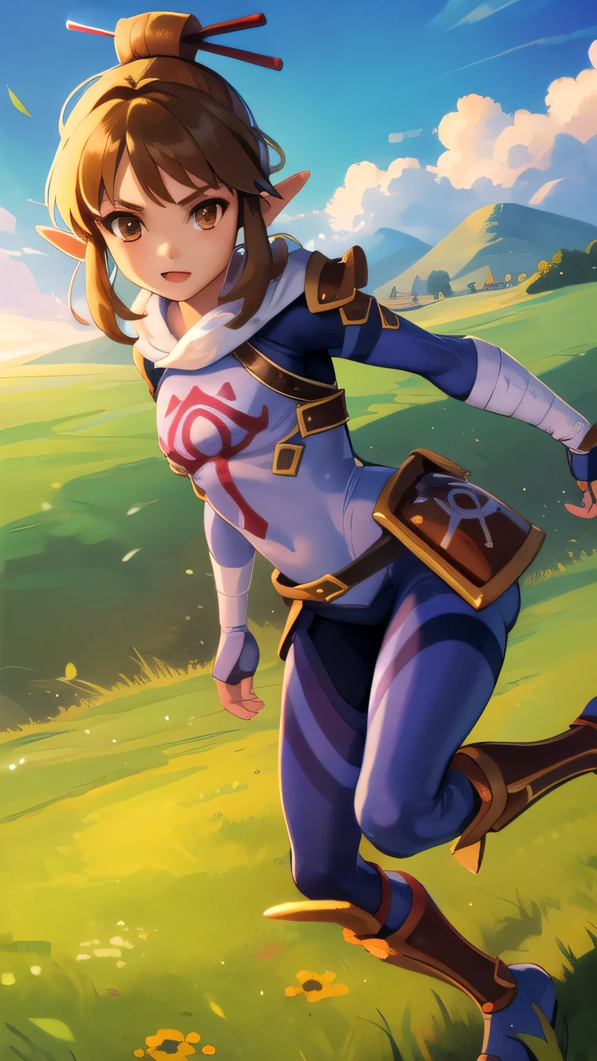 (masterpiece), (best quality), detailed face, 1 Girl, hyrule field, combat, goblins, stealthpokemontrainergloria, pointy ears, medium Brown hair, mask, armor, brown eyes, bodysuit, single hair bun, medium breast, full body.