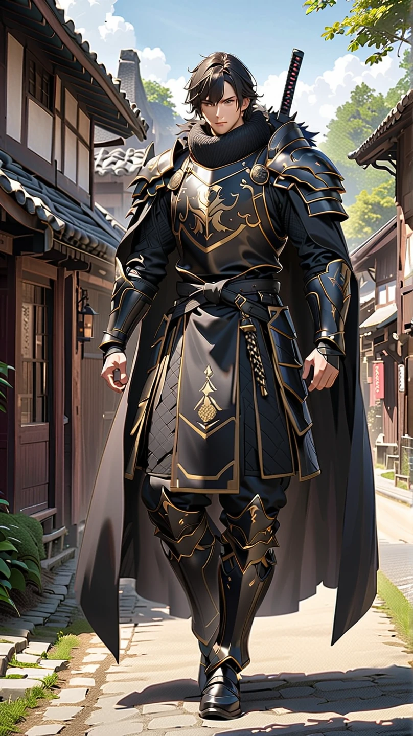 man,  Fairy Slayer , Holy Knight,Wears heavy armor(Black Gold),karate,,Fur collar ,Black woolen cape background on village and country road, Full Body View , man,  Very detailed,  high detail