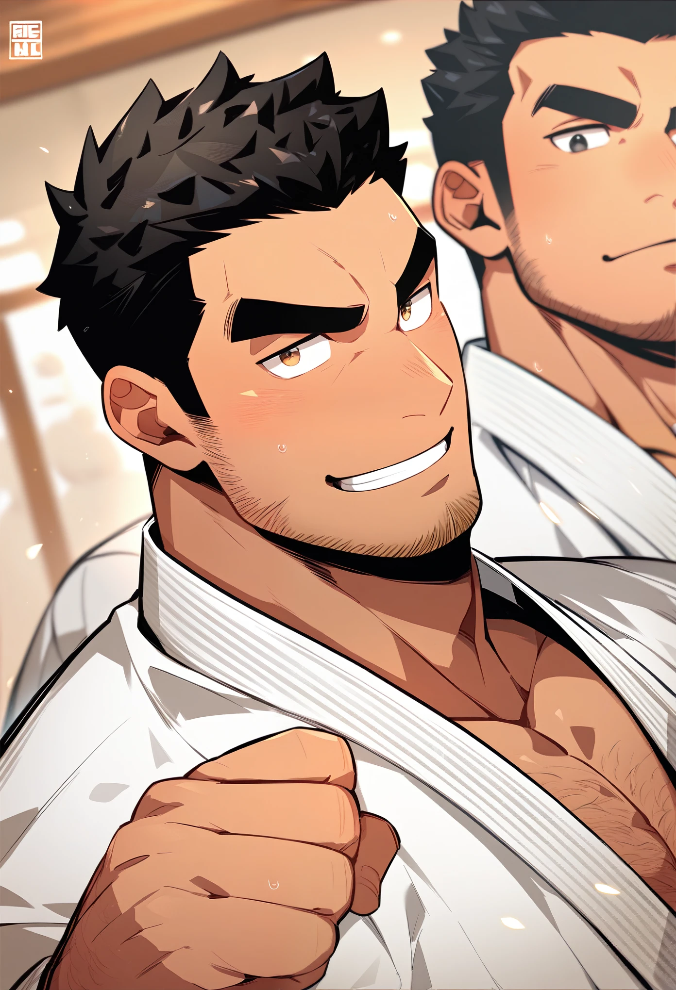 Masterpiece, Best Quality, Japanese, Male, Muscular, Beefy, Short Hair, Black Hair, Thick Eyebrows, Hairy, Judo Uniform, Dojo, Judo Match, Two Men