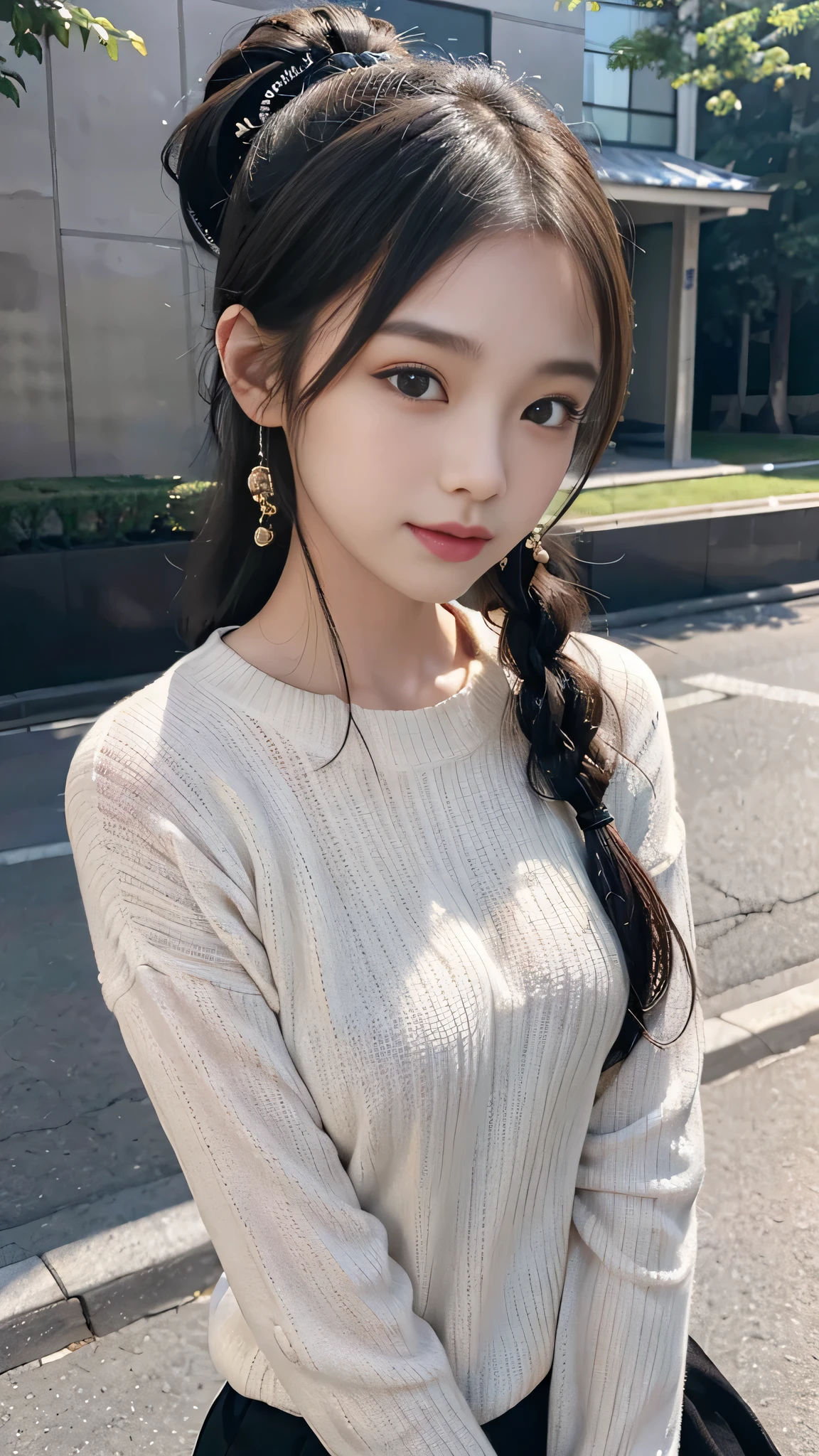 One woman,fully body photo,masutepiece, The highest image quality, High quality, the background is clear,Beautiful woman, Japanese, Detailed, Detailed eyes, Detailed skin, Beautiful skin, 超hight resolution, (reality: 1.4),Very beautiful woman, Slightly younger face, Beautiful skin, slender, (Ultra photo realsisim), (hight resolution), (8K), (Very detailed) (beautifully detailed eyes), (super detailed), (Detailed face), view the viewer, Fine details, Detailed face, Staring straight ahead, Staring straight ahead, photos realistic, Bright lighting, Professional Lighting, Black hair,poneyTail,a baby face,sixteen years old,髪型はponeyTail,ロングのponeyTailの髪型,slight smile,Long Sleeve Knitwear,European Streets