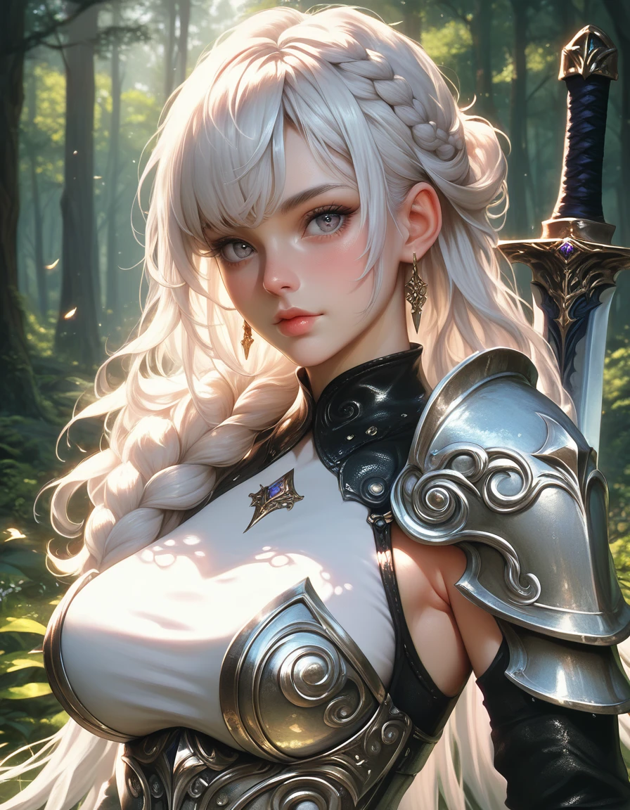 score_9, score_8_up, score_7_up, score_6_up, dndfg, detailed drawing, 1girl, beautiful, white hair, long hair, bangs, fair skin, big breasts, leather armor, sword, forest, dappled sunlight, upper body, looking at viewer
