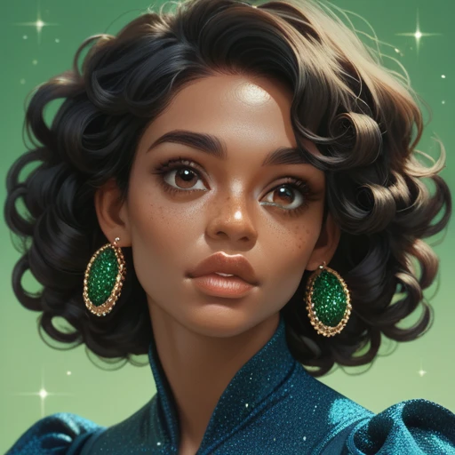 25 year old, woman, brown skin, brown eyes, nubian nose, full lips, very curly black hair, sparkly blue dress, emerald green background, portrait 