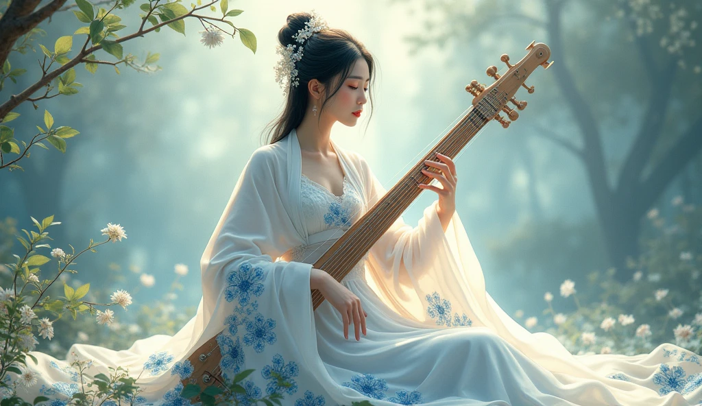 (((cinematic lighting, depth of field, motion blur, motion lines))),(1girl:1.4), solo,(moody lighting), ((nude:0.75)),(((small breasts:1))), ((nymphaea:1,3)), (Glowing ambiance, enchanting radiance, luminous lighting, ethereal atmosphere, mesmerizing glow, evocative hues, captivating coloration, dramatic lighting, enchanting aura), ((chinese style lute:1)), (a woman in an oriental dress holding a chinese style lute, gorgeous chinese model, still from a music video, detailed feminine face, rich red, very beautiful girl, woman with porcelain skin, beautiful female warrior, photo of the girl, photo of, stunningly beautiful), smile, masterpiece, top quality, best quality, official art, unity 8k wallpaper, highres, ultra-high res, ultra-detailed, beautiful and aesthetic, perfect detailed face, detailed eyes, highly detailed,<lora:anxiang:0.55>