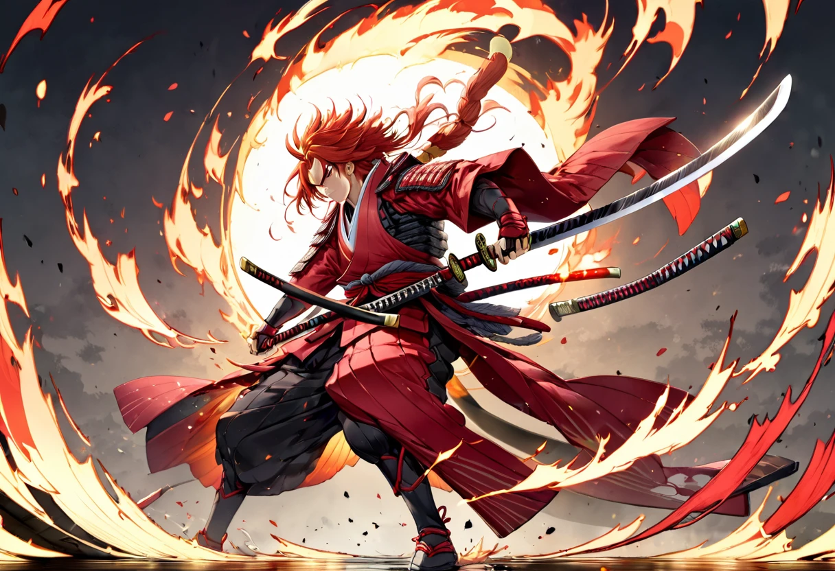 Score_9, Score_8, Score_7_up, 1man, samurai, white flame eye, red samurai armor, japan, (((Sword, perfection, perfection detail:1.5, great katana, huge, long))), both hands, Have, Stance, Low body strength , dynamic, Oblique angle