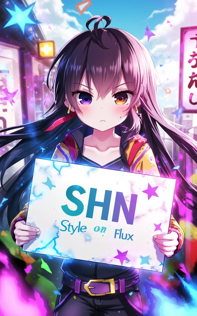 Japanese anime,SHN style ,1 girl is having a signboard saying"SHN style
on Flux" ,. Colorful