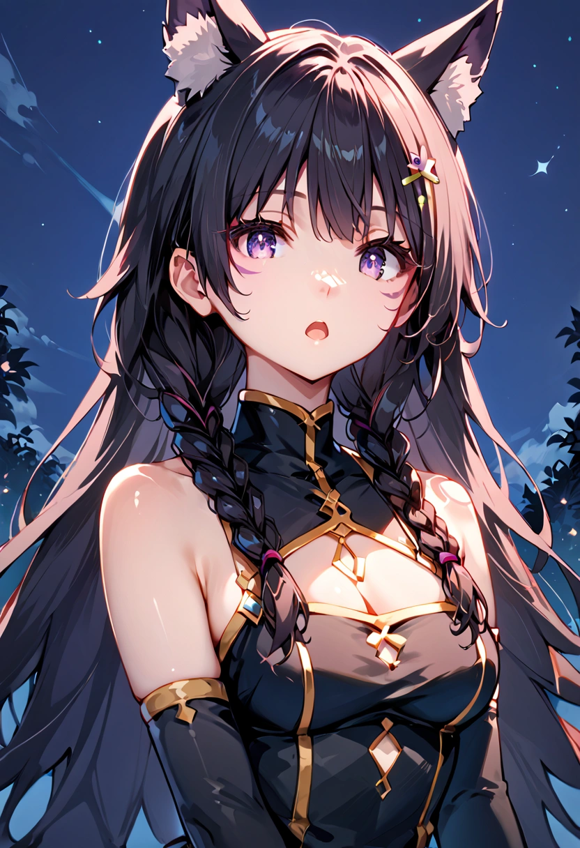 score_9, score_8_up,score_7_up,source_anime,Delta_Eminence, 1girl, medium breasts, open mouth, cleavage cutout, face markings, braid, hair ornament, twin braids, detached sleeves, clothing cutout, looking at viewer, bare shoulders, black sleeves, dress, hairclip, elbow gloves, night