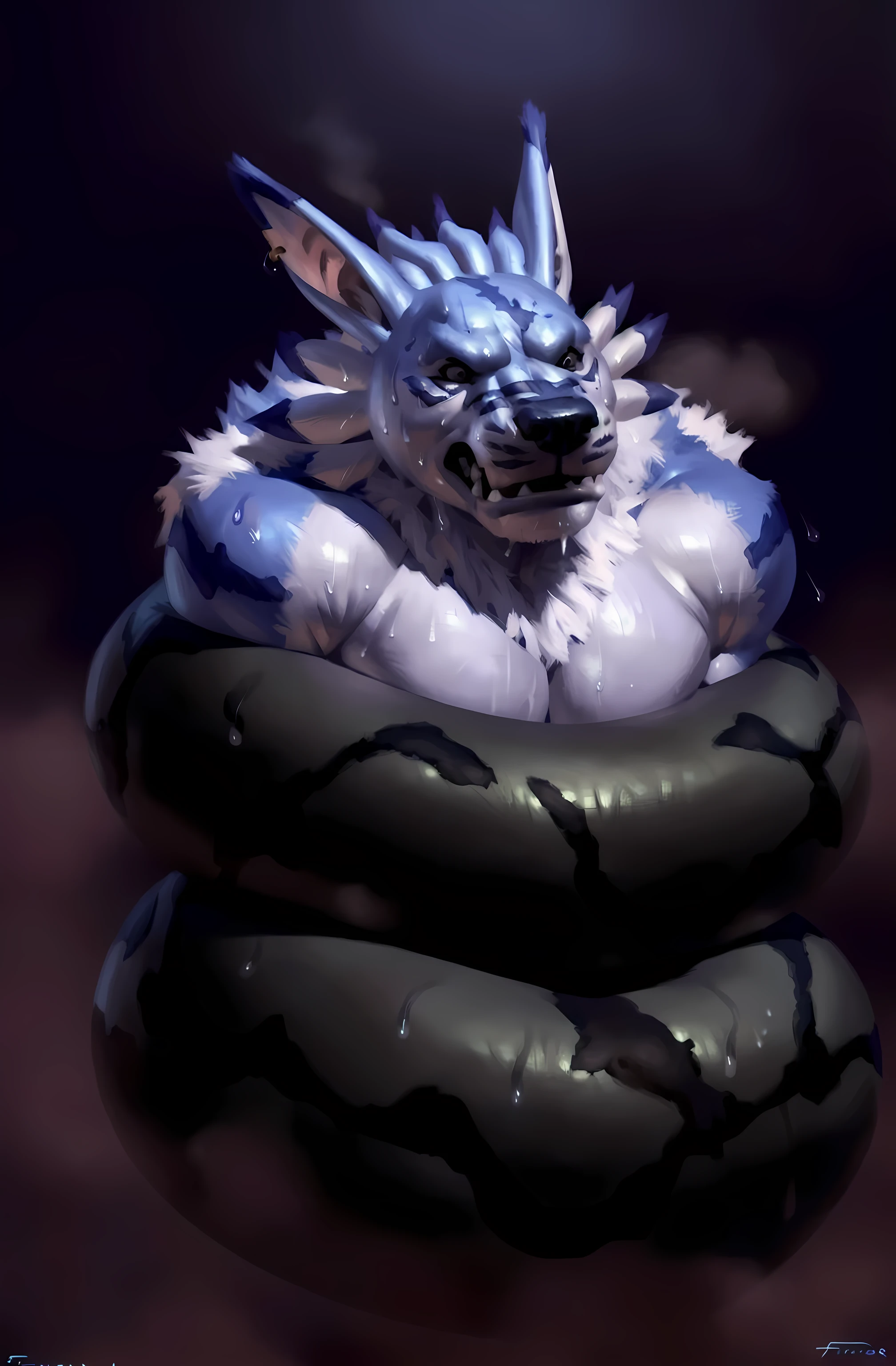 muscular weregarurumon fighting against a large snake, weregarurumon, (massive snake, black snake:1.5), (snake coiled around:1.3), coiling, bound, 4k, high resolution, best quality, posted on e621, anthro body, (solo:1.1), male, adult, masculine, (very muscular, thick build, heavyweight:1.2), correct anatomy, (night background), (by Taran Fiddler), (by echin:0.6), (detailed eyes:1.2), (sweat:1.6), steam, fog, (shiny muscles:1.2), cartoony shading, stern face, struggling, fighting, night, looking down