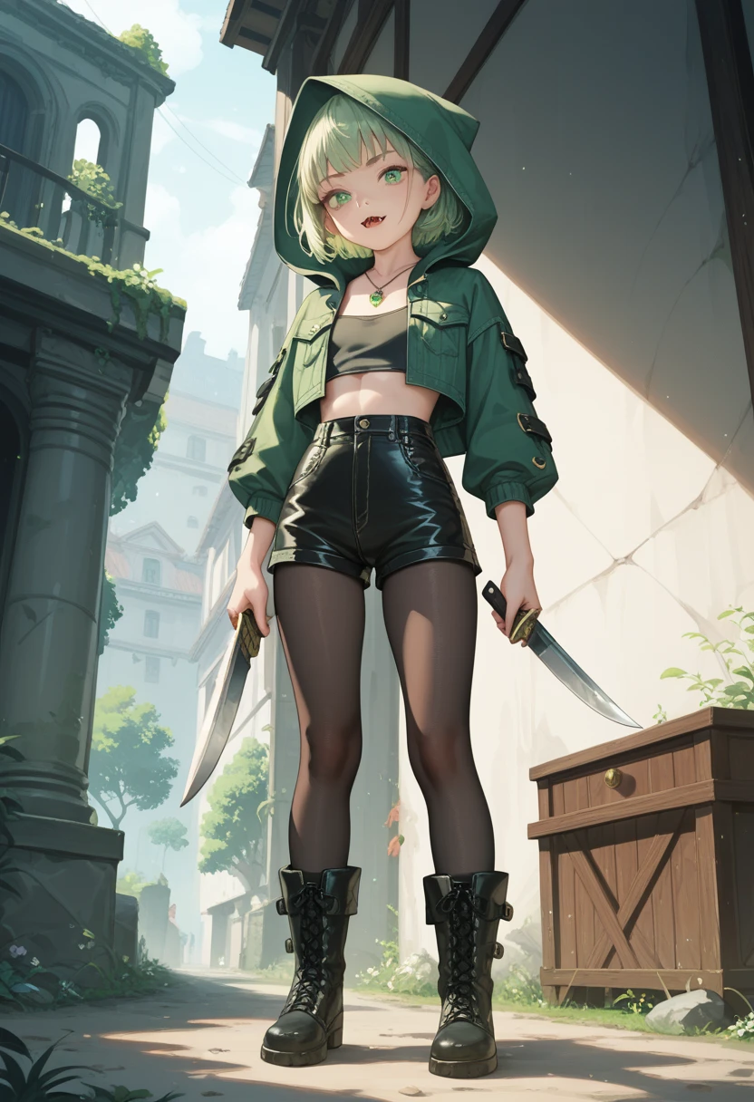 ( high quality:1.2),詳細な描写,masterpiece,Full body painting, Human Woman Wearing a Green Hood , ,ish atmosphere, smaller,Small breasts,Small breasts, flat chest, Mysterious and Dark Faces , Glowing green eyes, Light Green Medium Short Hair, Animal Fangs Pendant ,Leather shorts, Green and Deep Green Breastplate , black shirt, Knife Holder at Waist , Black Tights Socks ,Leather Hard Boots ,light green pubic hair, Wear Pants Below Waist ,Protruding panties, Black Thong Panties 