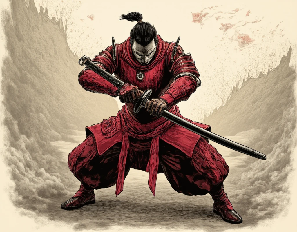 Score_9, Score_8, Score_7_up, 1man, samurai, white flame eye, red samurai armor, japan, (((Sword, perfection, perfection detail:1.5, great katana, huge, long))), both hands, Have, Stance, Low body strength , dynamic, Oblique angle, (((Ink painting, force, shortage々Nice touch )))