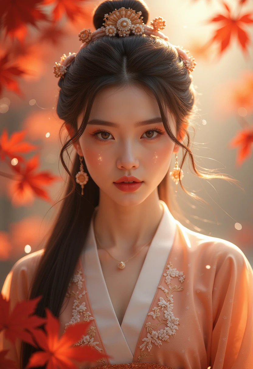  ray tracing,  The eyes that sparkle like glass are blurry and dreamy,

Hair accessories, Long hair,  Hanfu beauty, 





 On the Fenglin Trail in autumn , , the design of a woman wearing a Tang dynasty Hanfu ,  turtleneck flutters in the wind ,  contrasts sharply with the red of maple leaves , Show the poetry of autumn .



Backlight,   low angle shooting , From below, Wide Angle, Dutch angle,  Full body shot , hazy, FOG, Depth of Field, Soft, Stunning Colors ,Light Particles, Exquisite facial features ,