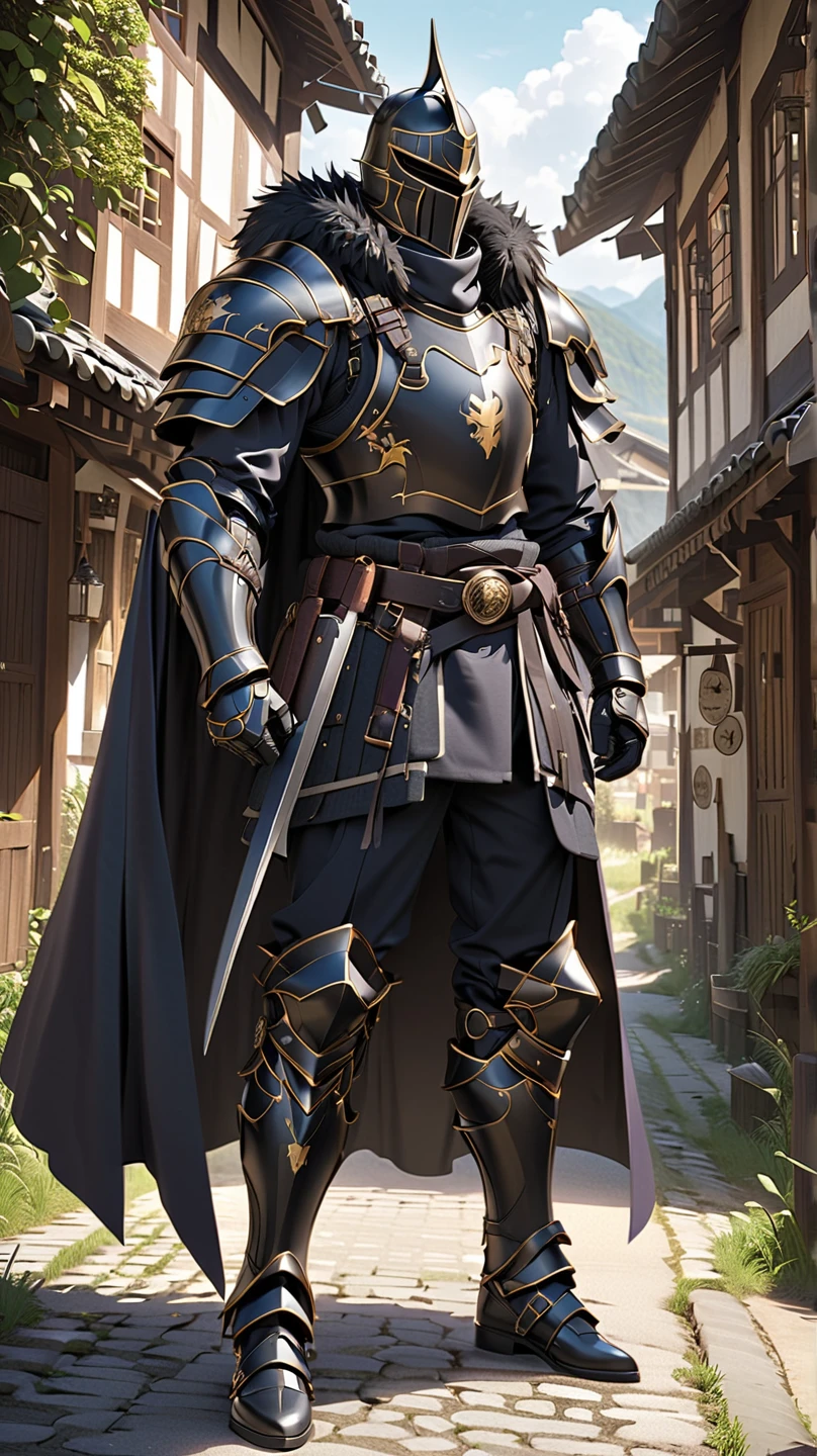 man,  Fairy Slayer , Holy Knight,Wears heavy armor(Black Gold),karate,,Fur collar ,Black woolen cape background on village and country road, Full Body View , man,  Very detailed,  high detail