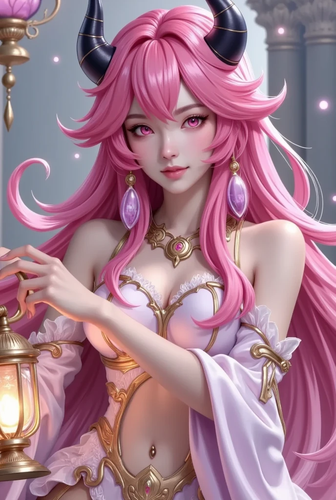  A woman with pink hair and horns holding a lantern,  By Artgerm  ,  Artstation contest winner , Fantasy Art, extremely detailed Artistic Germ, Fantasy Art style, Artistic Germ detailed, style of Artistic Germ, Artistic Germ. Anime illustrations, style Artistic Germ, Artistic Germ lau, Anime fantasy illustration, ! dream Artistic Germ